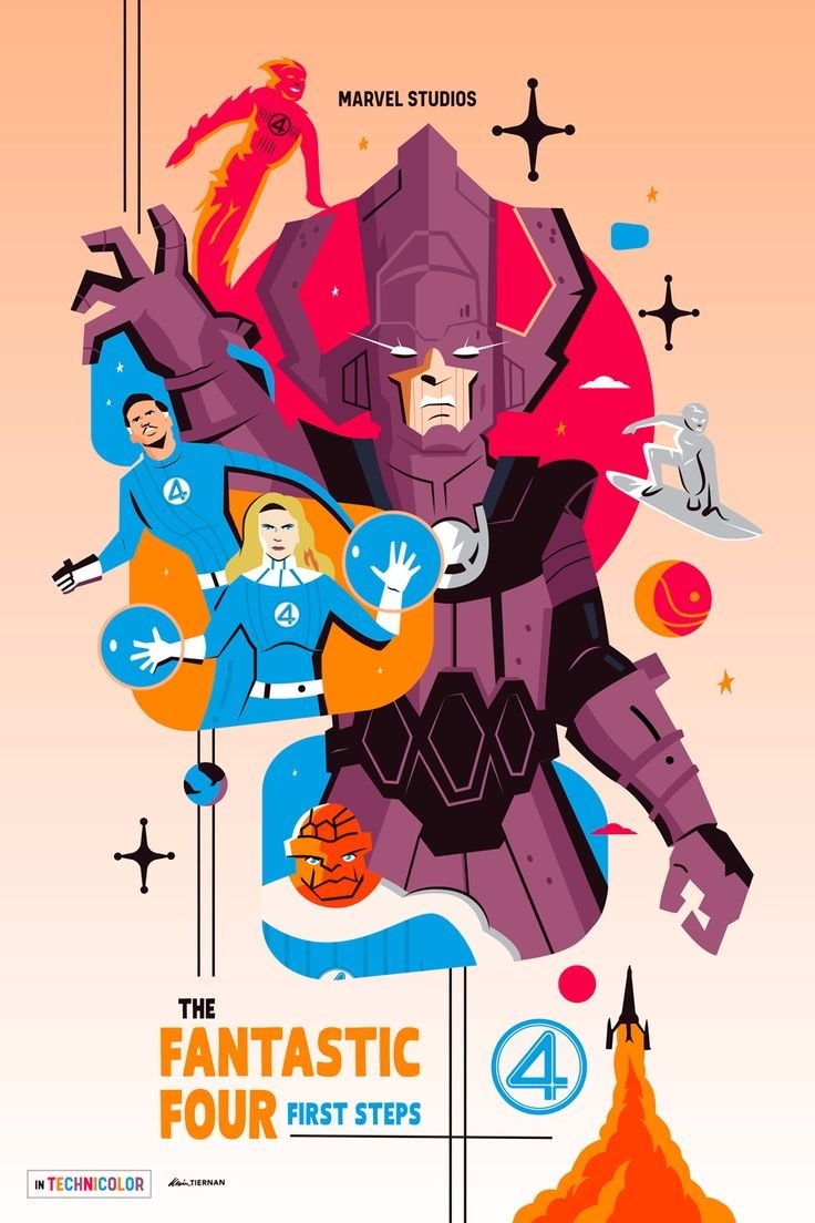 Dies ist ein stilisierter Poster der Marvel Fantastic Four, der fragmentierte Charakterporträts und lebendige Farben zeigt