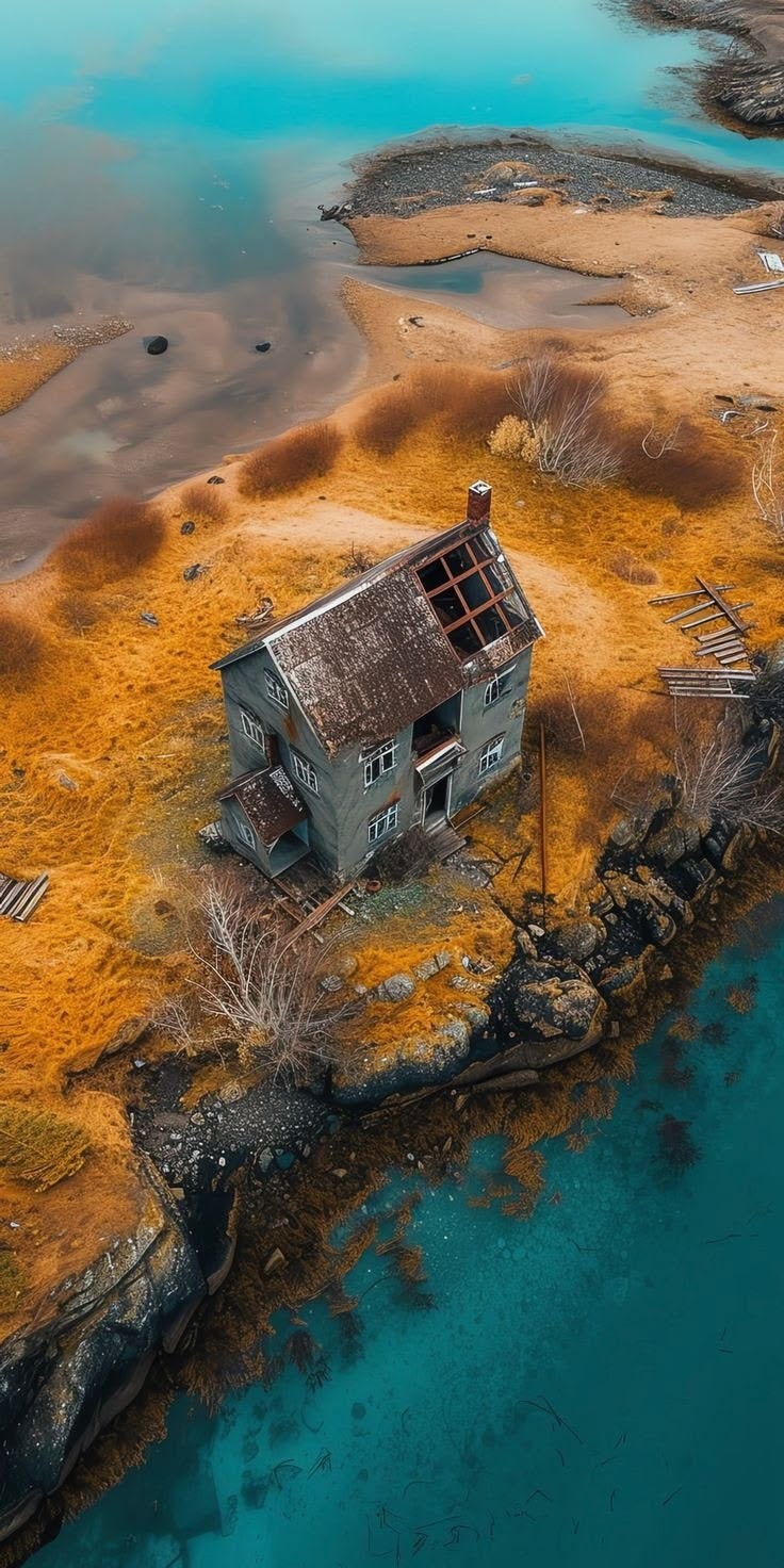 An abandoned two-story gray house on a rocky peninsula represents the contrast between human neglect and nature's reclamation