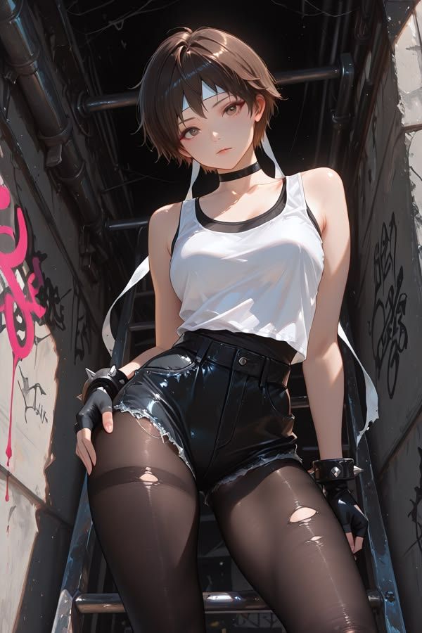 Ein kurzhaariges Mädchen steht in einer Industrie-Gasse in einem weißen Tanktop, schwarzen Shorts und zerrissenen Strümpfen
