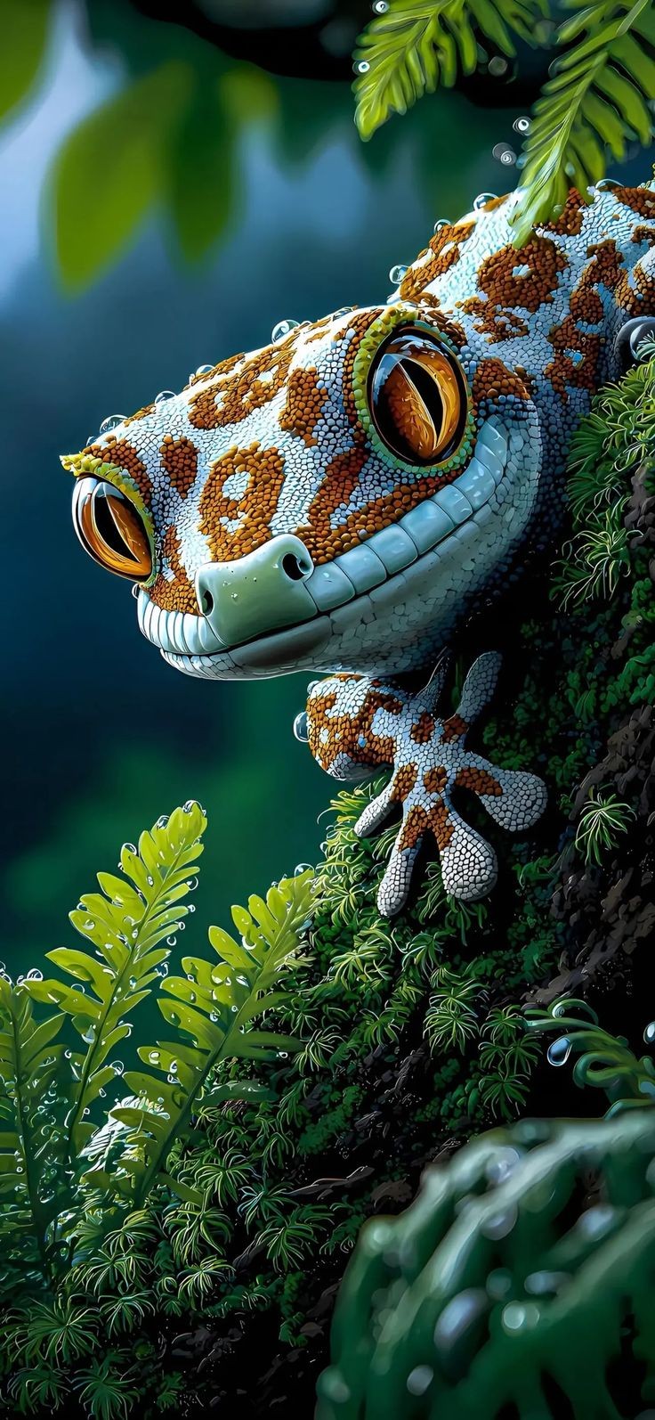un gecko con intrincadas escamas de patrón naranja y blanco