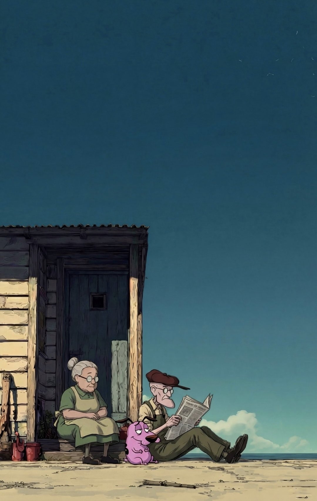 Eine Küstenszene im Ghibli-Stil zeigt das herzliche Alltagsleben von drei Generationen und einem Hund