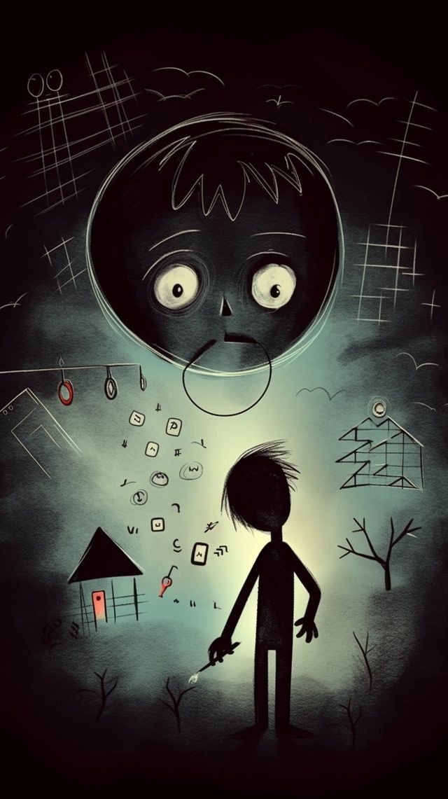 Esta obra de arte encarna una distintiva fantasía gótica al estilo de Tim Burton fusionada con expresionismo infantil