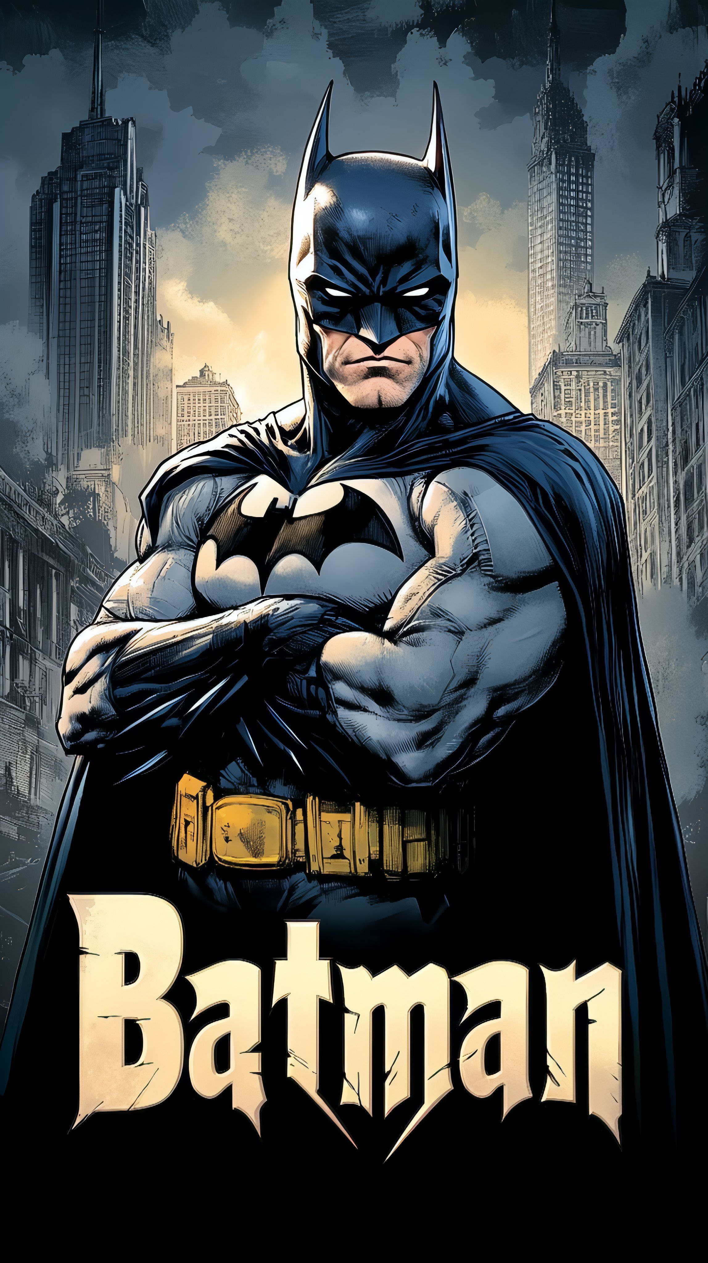 Batman se tient avec les bras croisés dans son célèbre costume gris et noir devant le paysage urbain de Gotham City