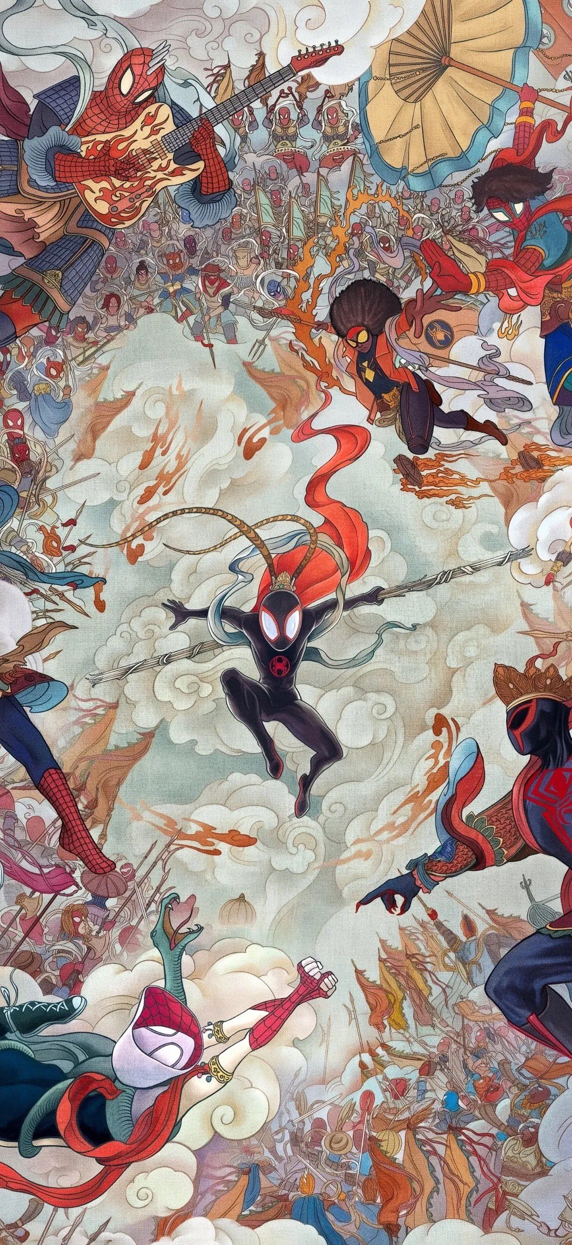 This is a vibrant abstract work depicting a chaotic explosion of overlapping figures in dynamic poses