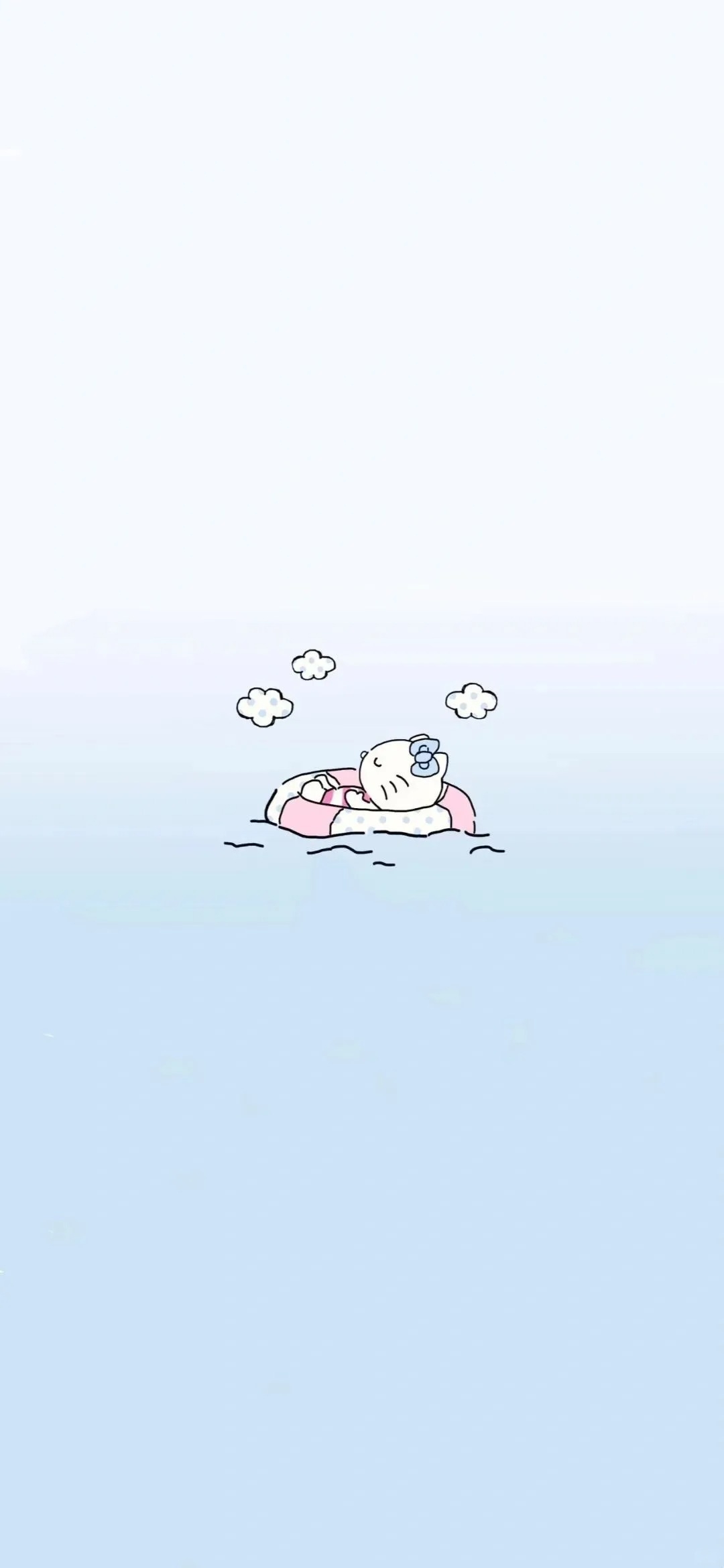Hello Kitty floats on a pink and white polka dot pool float, creating a healing style