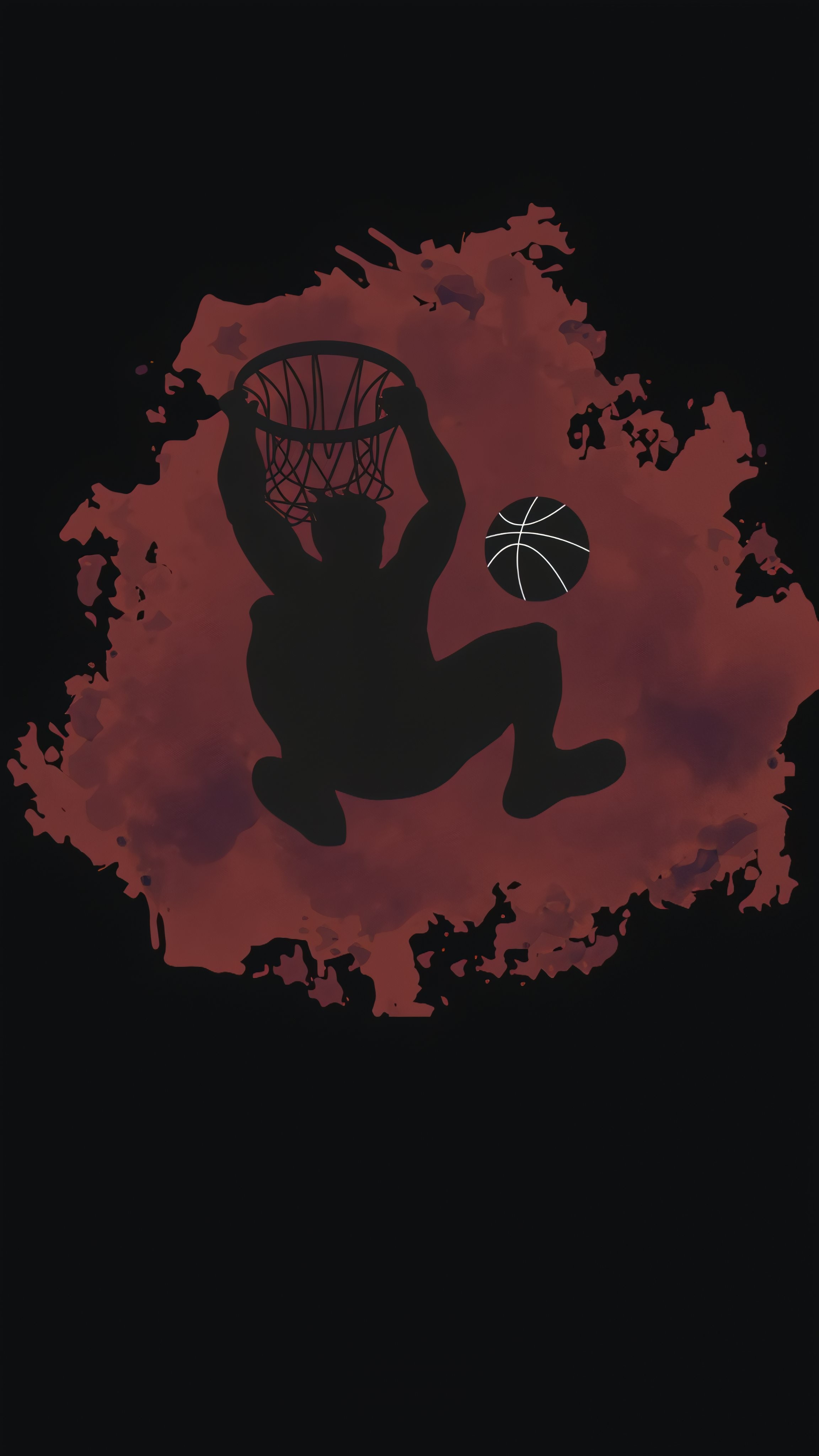 Un diseño minimalista que presenta la silueta negra de un jugador de baloncesto haciendo un mate sobre un fondo de acuarela rojo oscuro