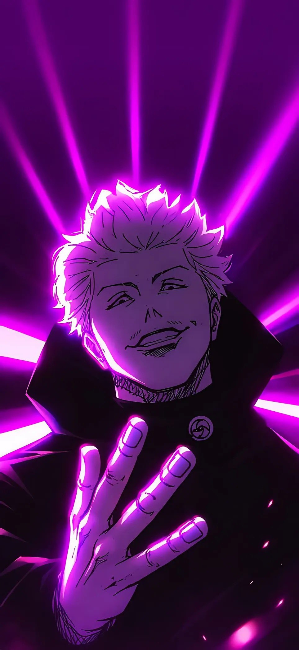 Fond d'écran de Gojo Satoru avec des effets de néon violets