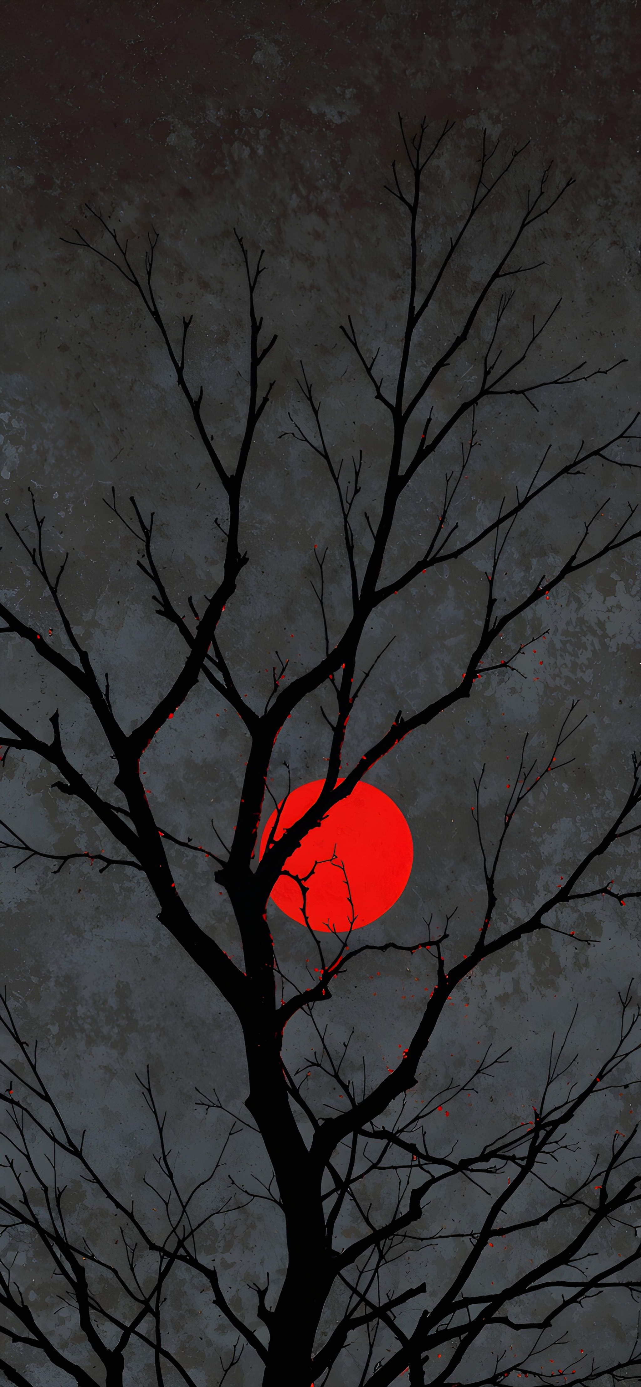 Art wallpaper of a red moon and a barren tree