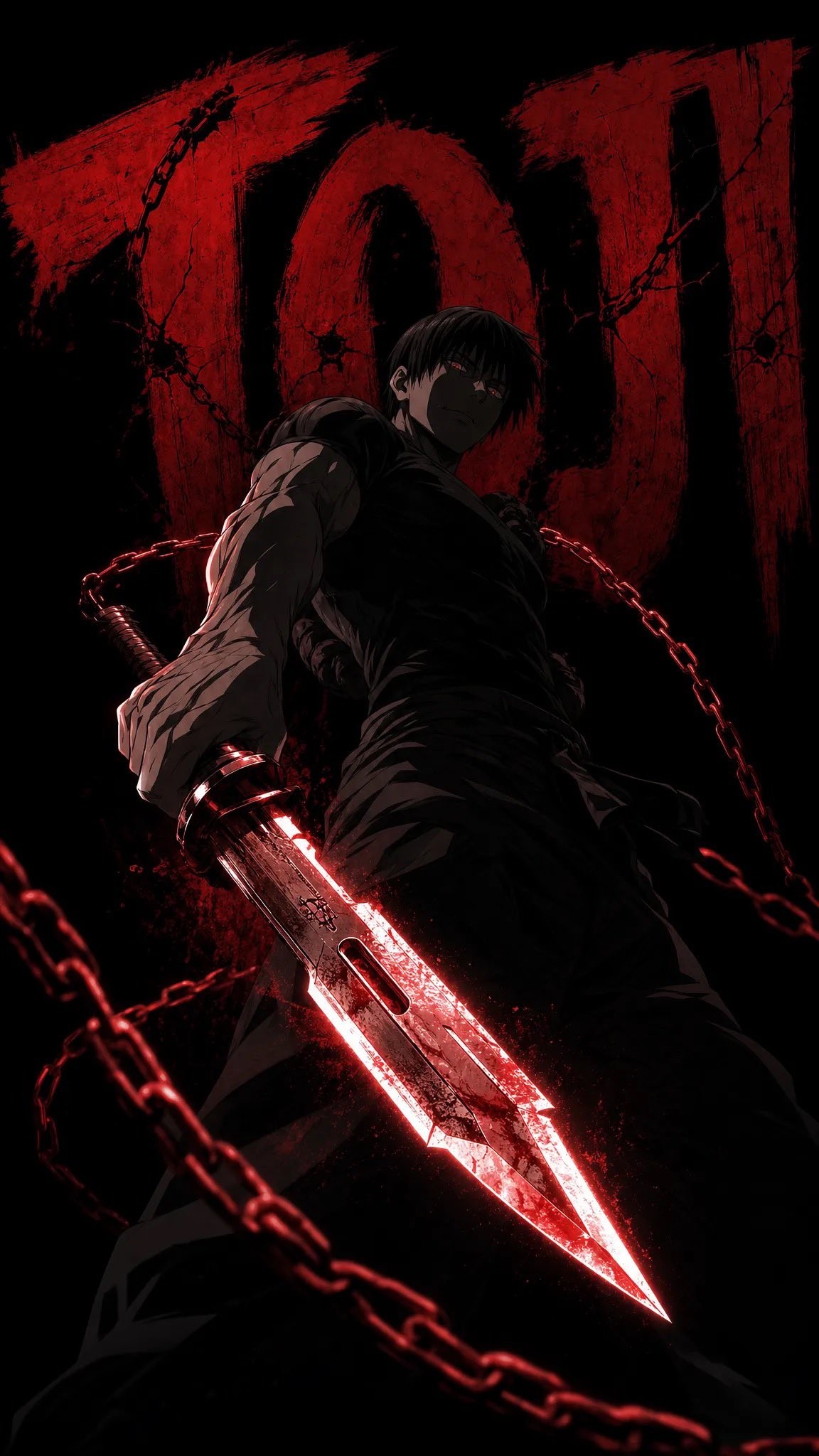 I upgraded my wallpaper to a dark anime style featuring a black-haired, red-eyed boy holding a blood-colored sword