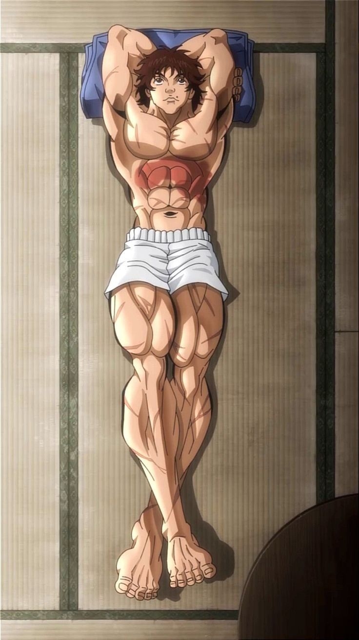 Muskulöser männlicher Charakter im Anime-Stil liegt auf einem Tatami
