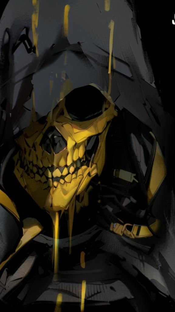 A yellow and black mechanical skeleton mask oozes liquid in the shadows