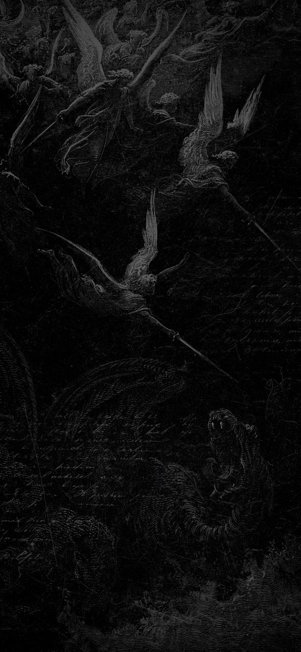 A gravura no estilo de Gustave Doré retrata uma grande batalha entre anjos e uma cobra gigante