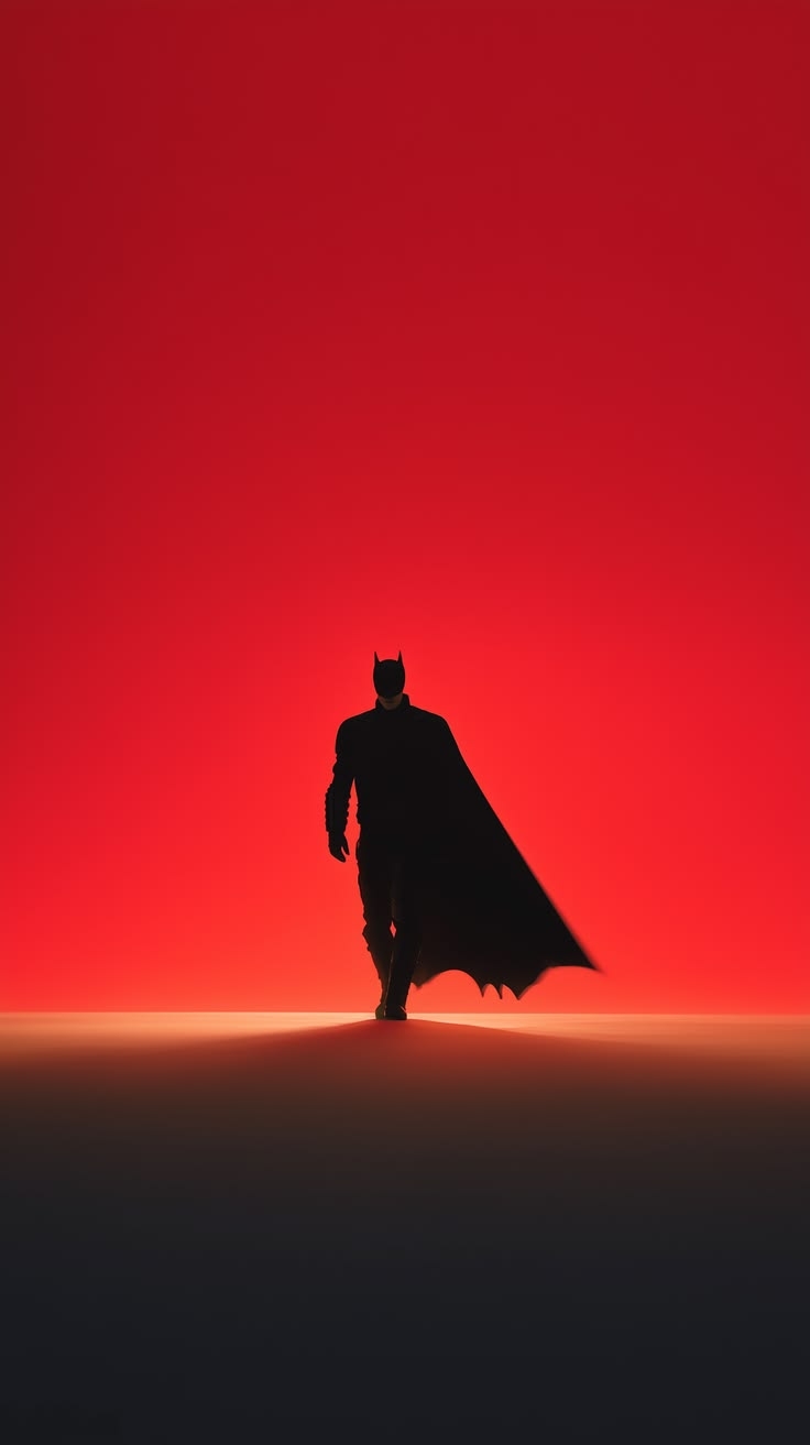 Batman é uma silhueta preta se movendo em direção a uma fonte de luz contra um fundo vermelho graduado puro