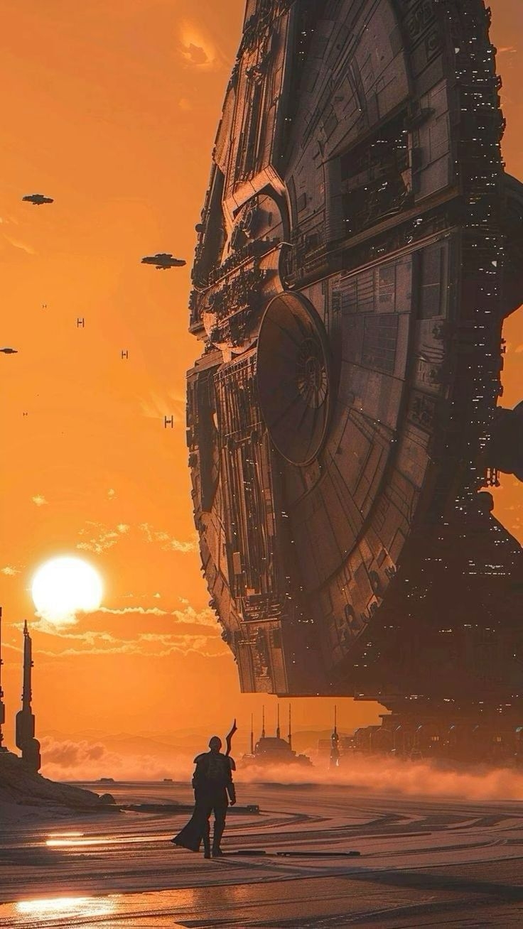 Der Handy-Hintergrund zeigt ein riesiges Raumschiff, das über dem Sonnenuntergang schwebt, während eine Figur nach oben schaut
