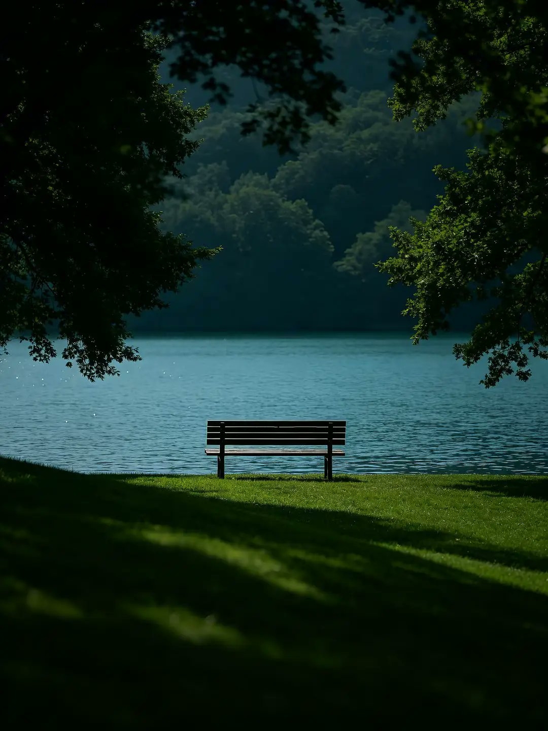 Dies ist ein hochauflösendes Handy-Hintergrundbild eines einsamen Stuhls am See, umgeben von grünen Bäumen
