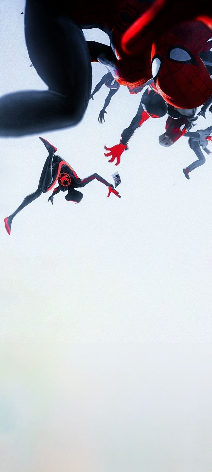 Multiple Spider-People fall through a white void, with Miles Morales reaching for a floating photo