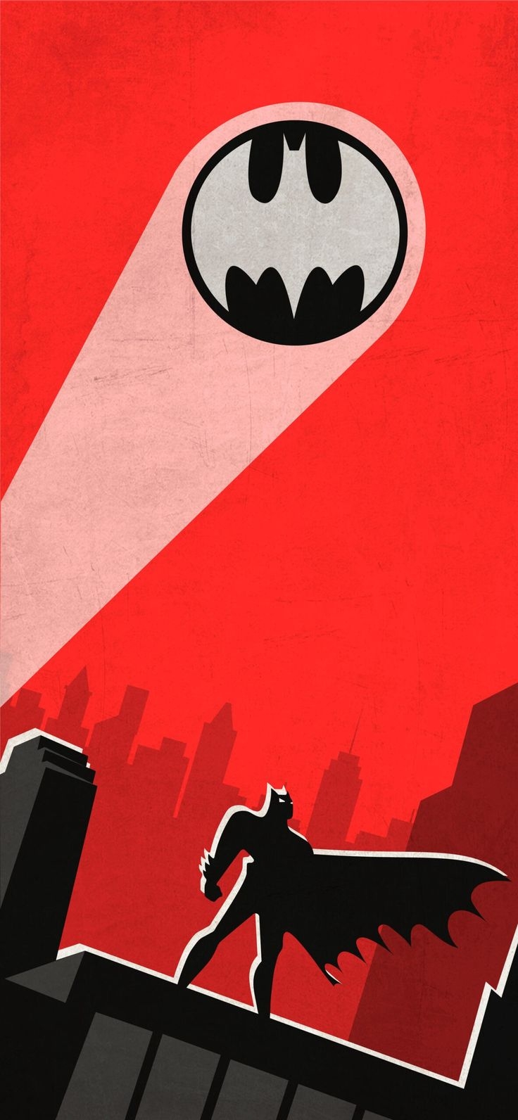 The retro minimalist poster features Batman standing on the skyline