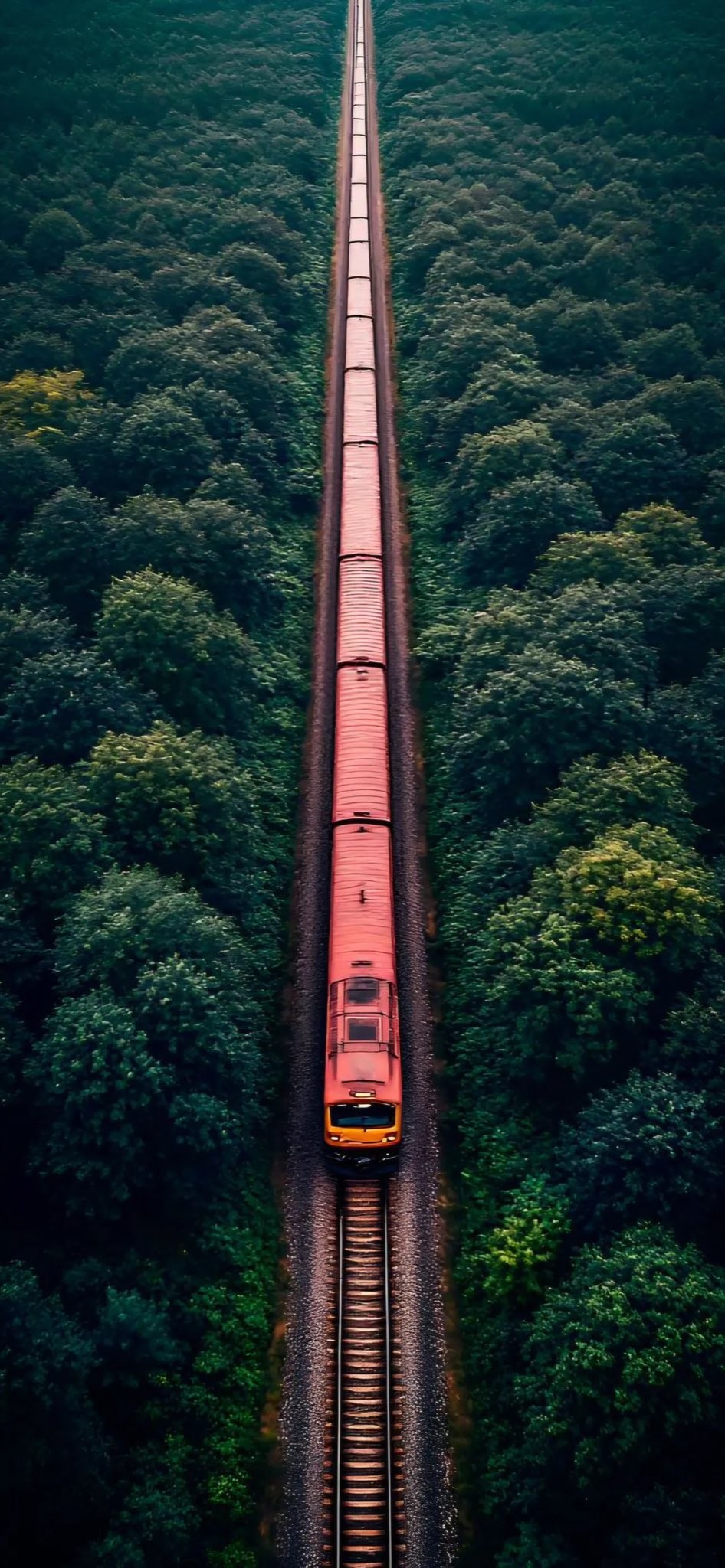 Um trem vermelho atravessa uma floresta verde, destacando o contraste entre a natureza e a indústria
