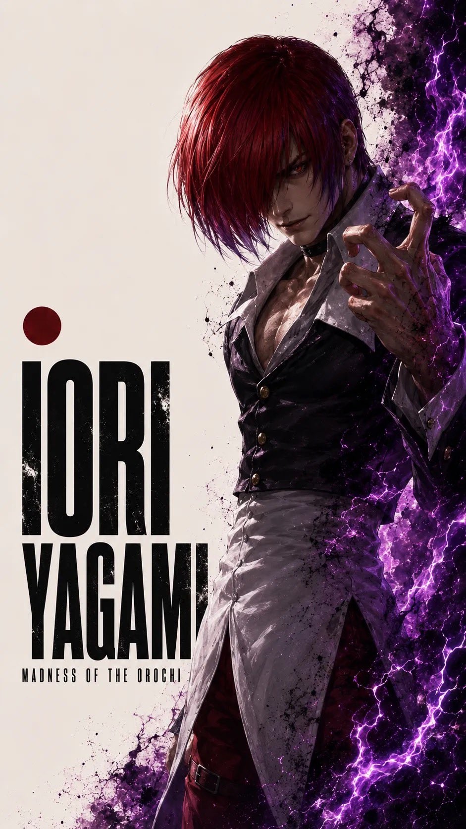 The vertical wallpaper of Iori Yagami showcases his striking appearance and strong color contrast