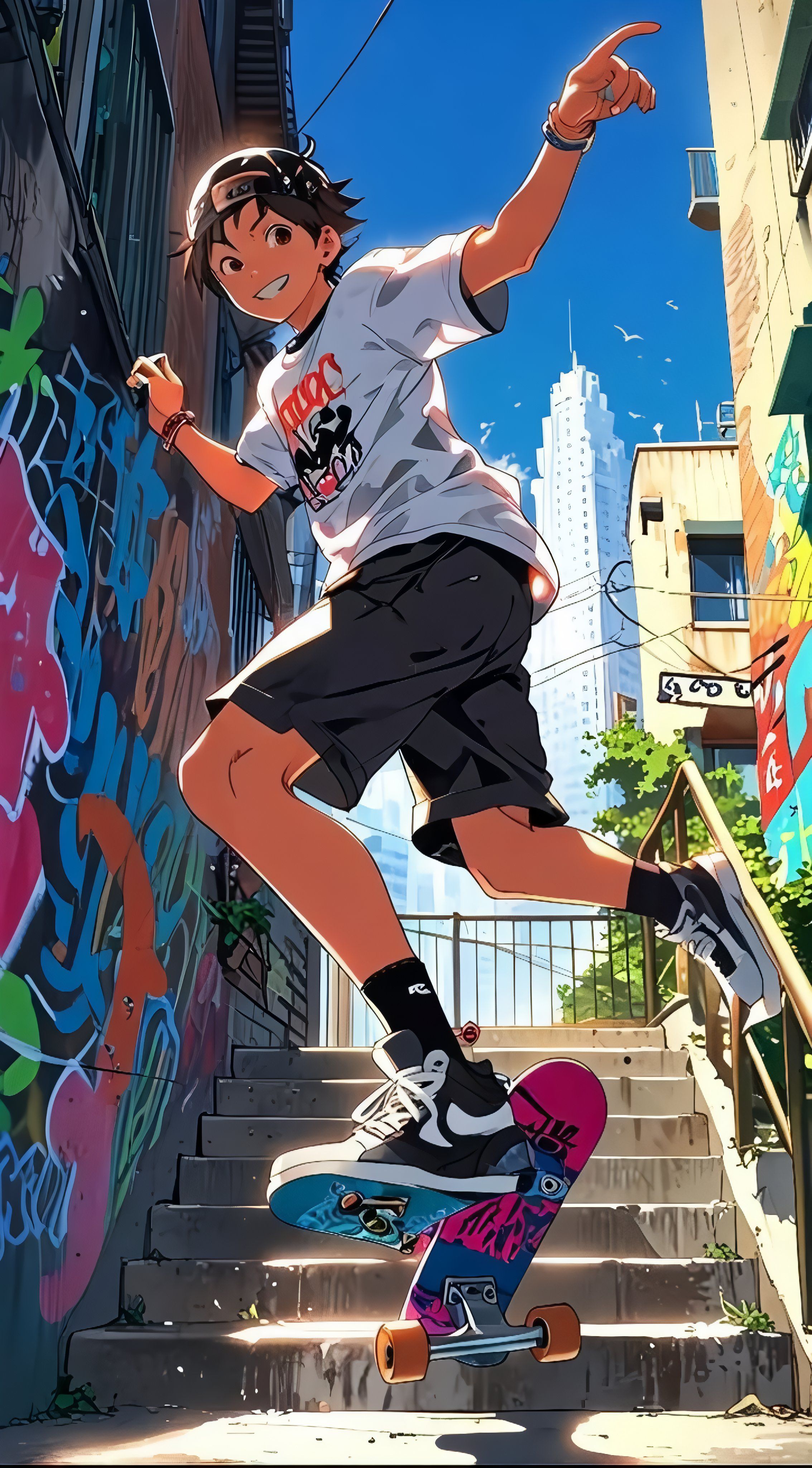 一名年輕滑板手在城市巷道的水泥樓梯上跳躍，展現青春叛逆與運動優雅