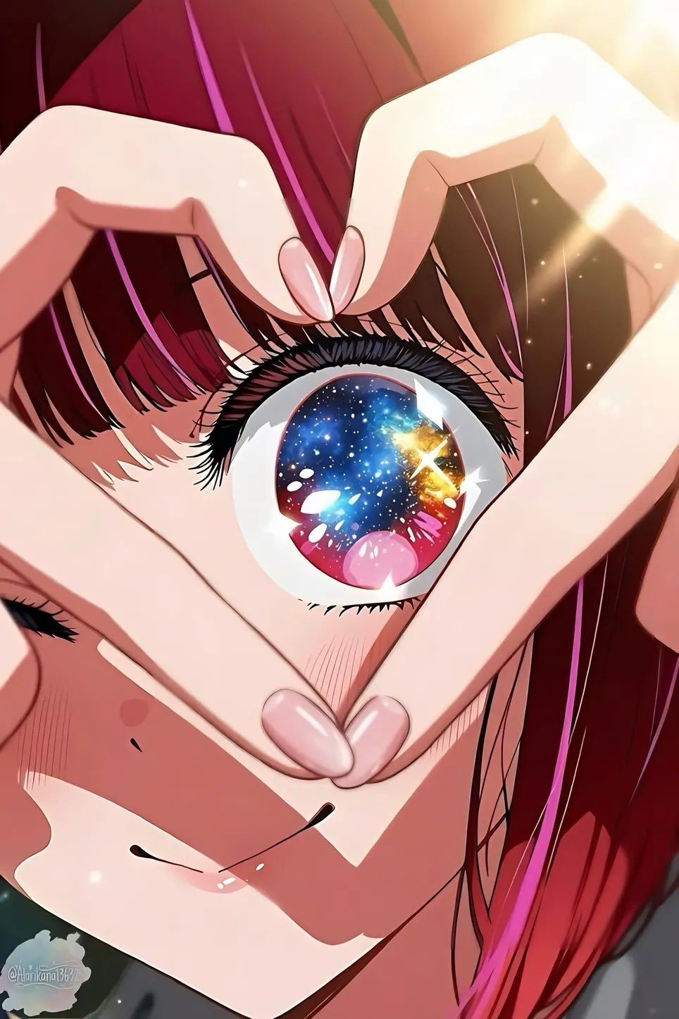 Anime illustration features character with deep magenta hair making heart frame around a detailed eye