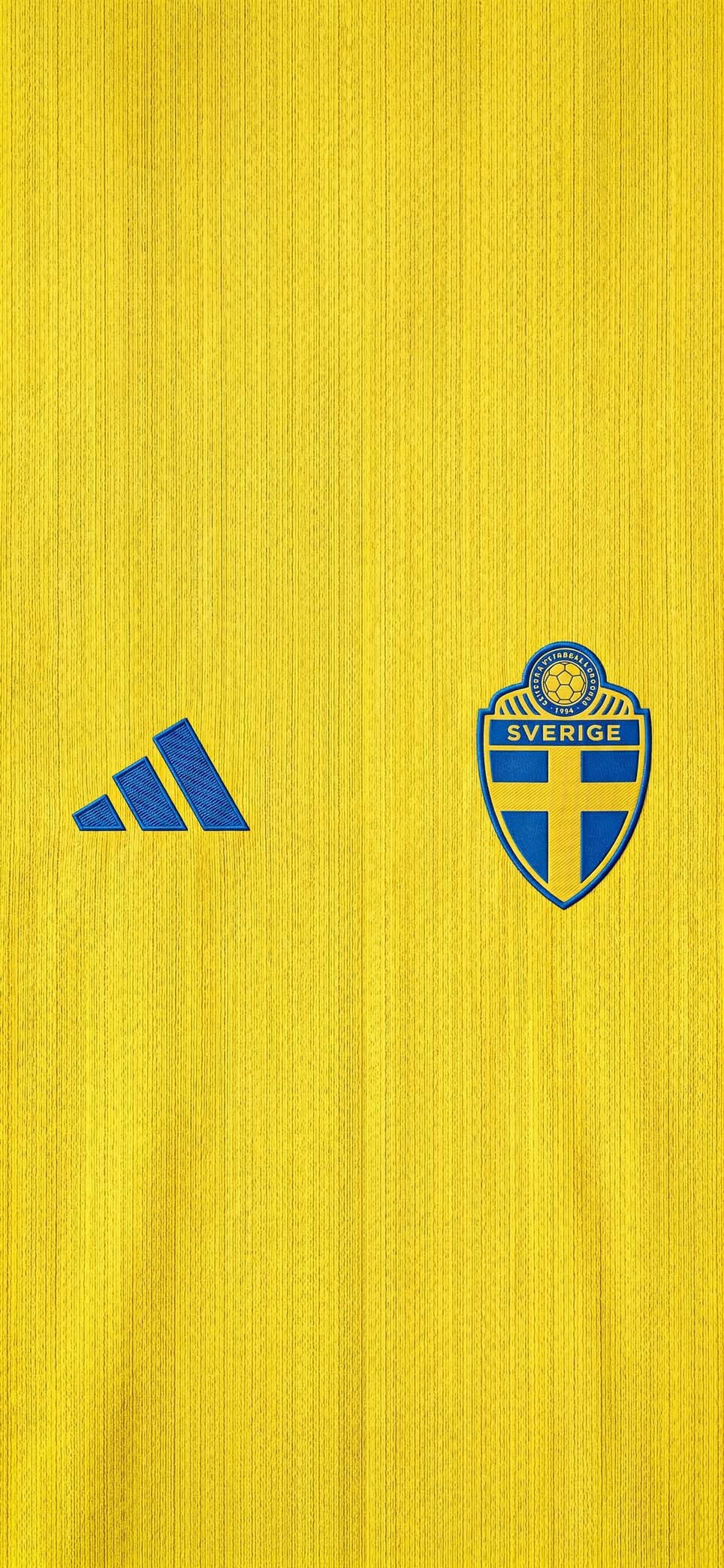 A vibrant yellow textured background features the Adidas logo on the left and the Swedish national football team crest on the right