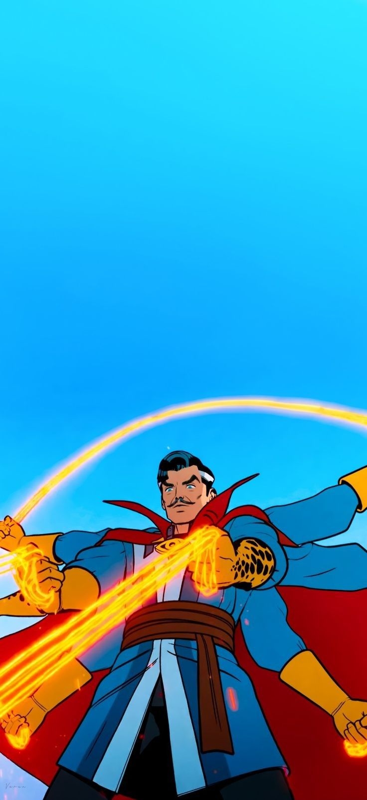 Retro-Superheld entfesselt orangefarbene magische Energie