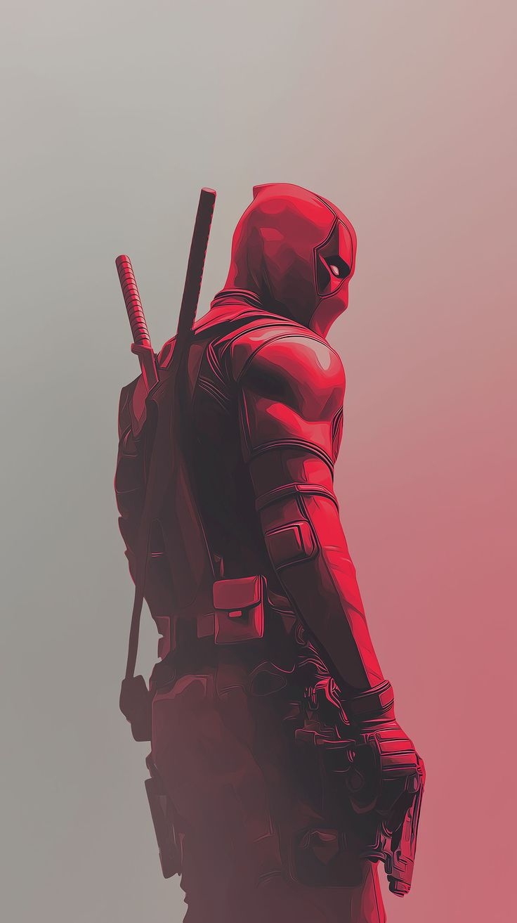 Deadpool está de lado em um fundo degradê usando um traje vermelho