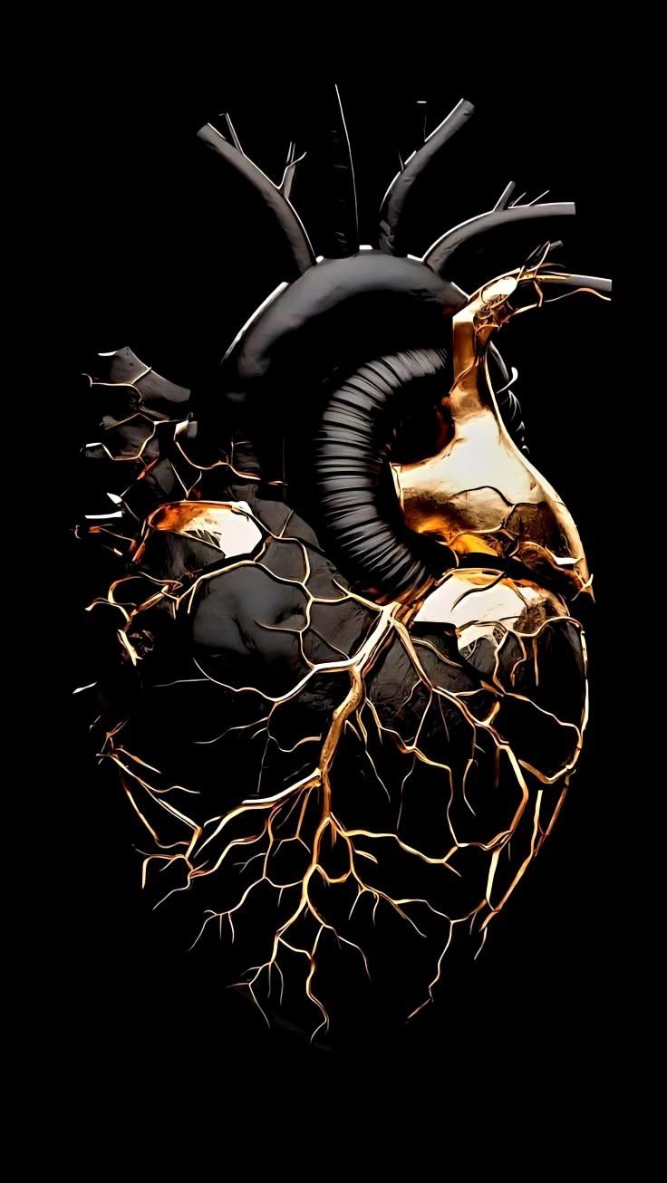 This image features a stylized anatomical heart blending dark surrealism and contemporary digital art