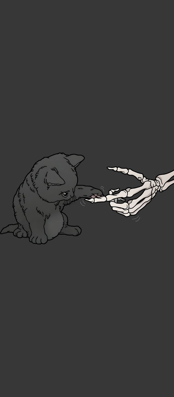 La obra muestra la interacción entre un gatito y una mano esquelética humana, ilustrando el contraste entre la vida y la muerte