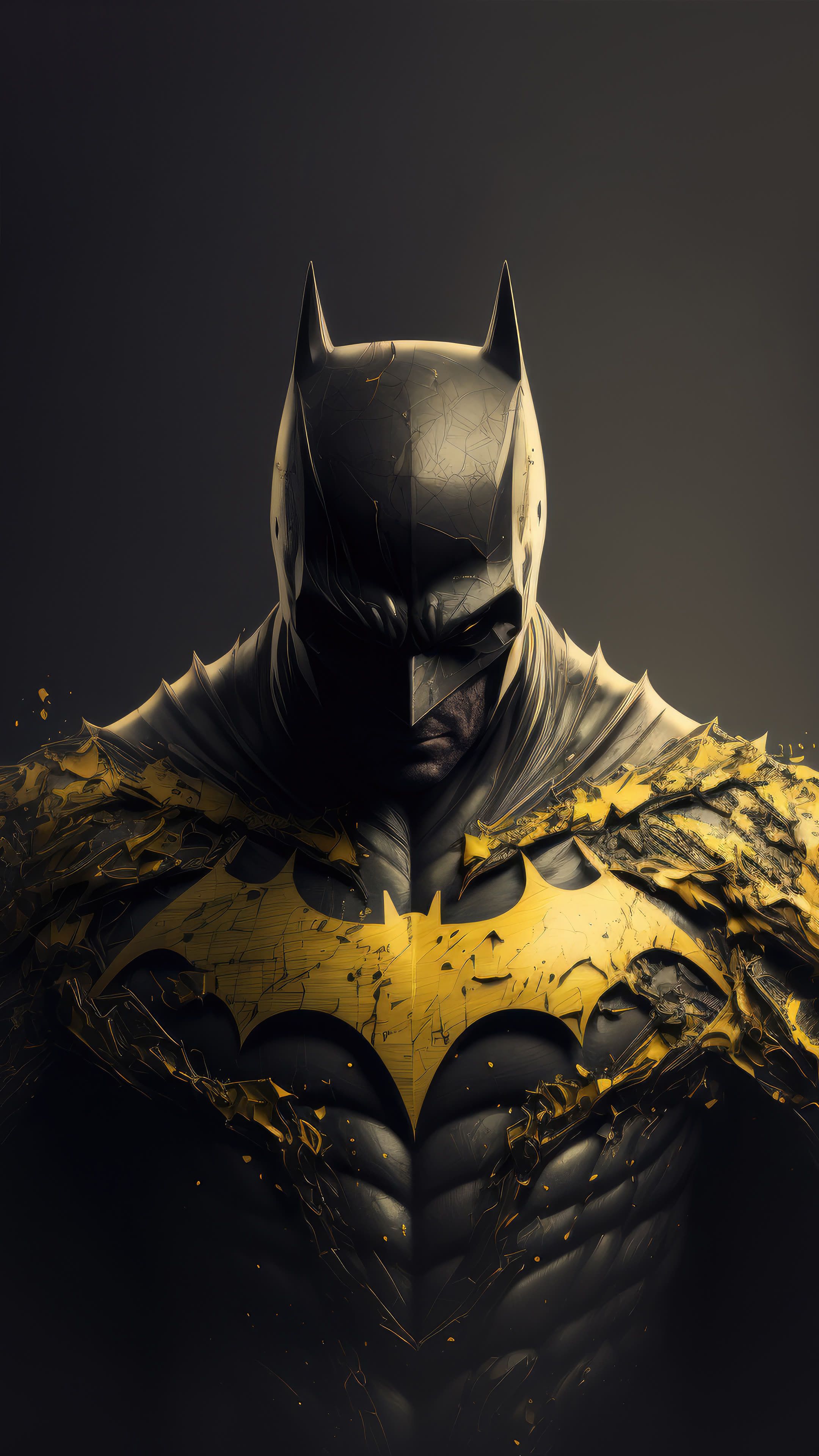 HD wallpaper of Batman's half-length costume with a damaged yellow emblem