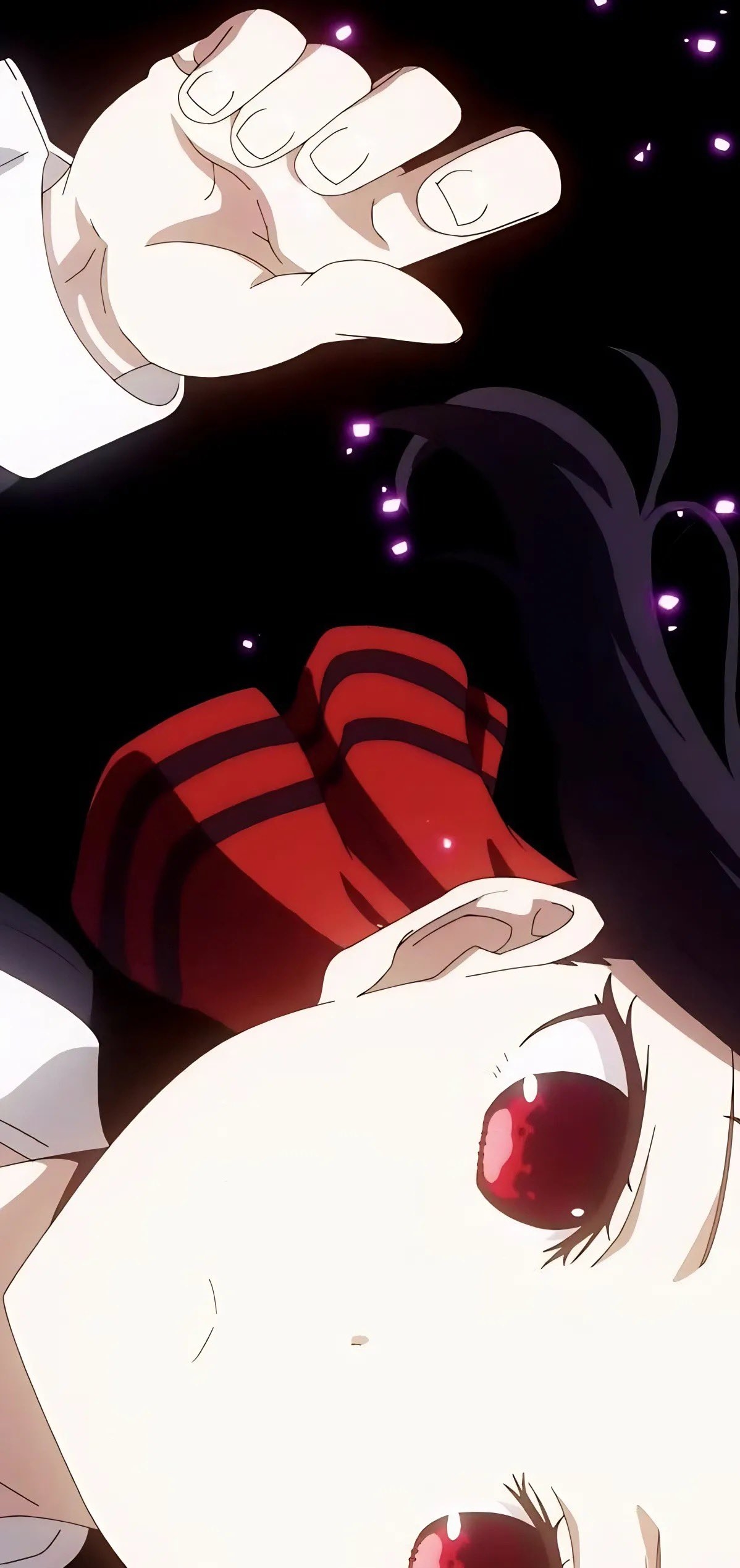 A black-haired, red-eyed girl wearing an eye mask creates a mysterious atmosphere in a dark space