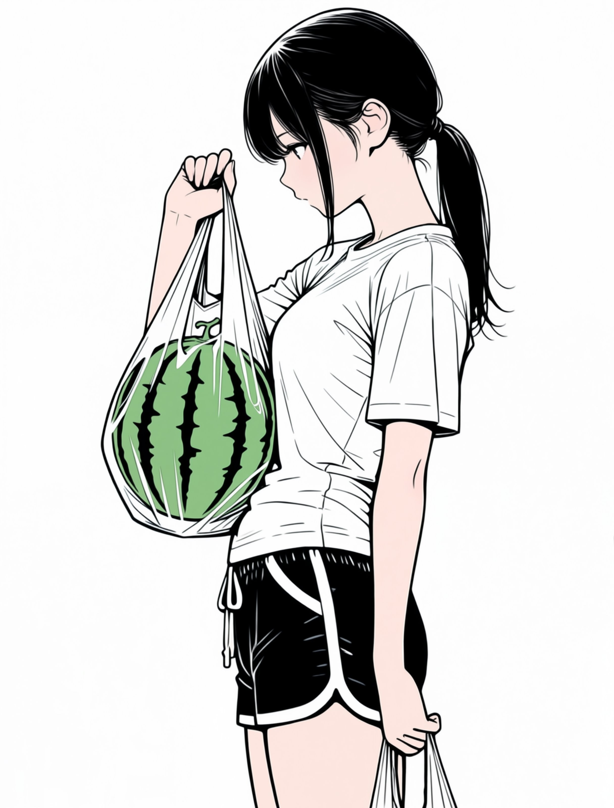 Black and white lines outline a girl's profile and a green watermelon, capturing the essence of summer