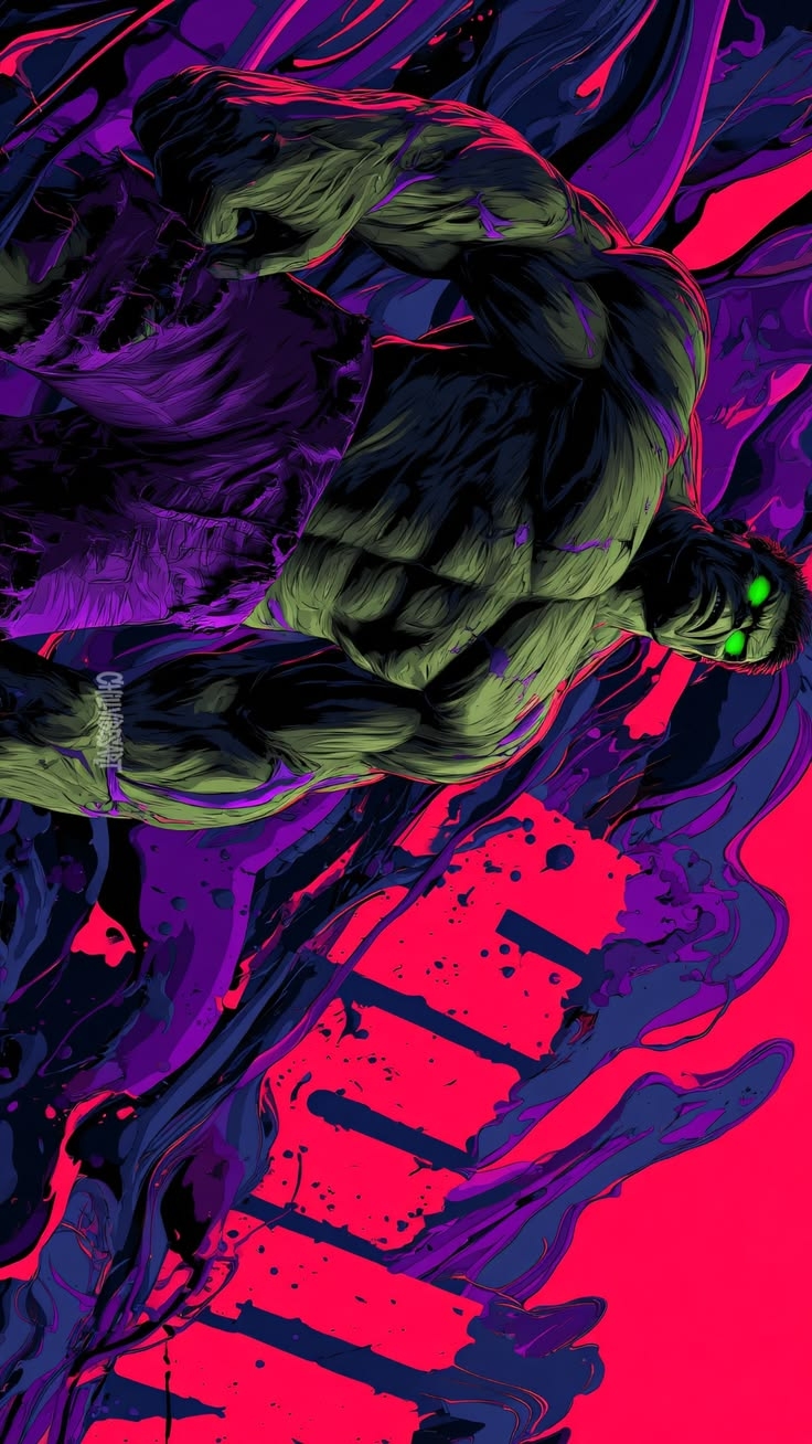 An abstract portrait featuring a distorted face with a glowing green eye amidst intense colors
