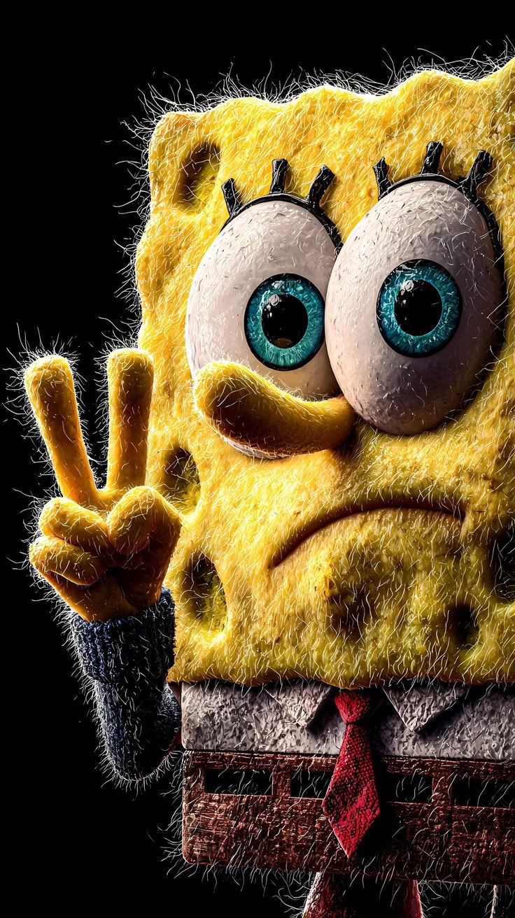This is a hyper-detailed 3D render of SpongeBob SquarePants with a realistic yellow sponge texture and a smirk