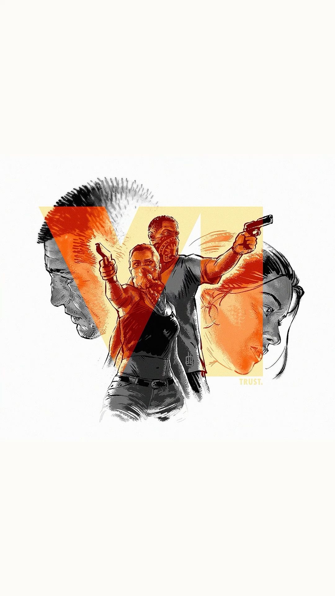 Two masked figures with pistols are at the center against silhouettes of a man and woman facing away from each other