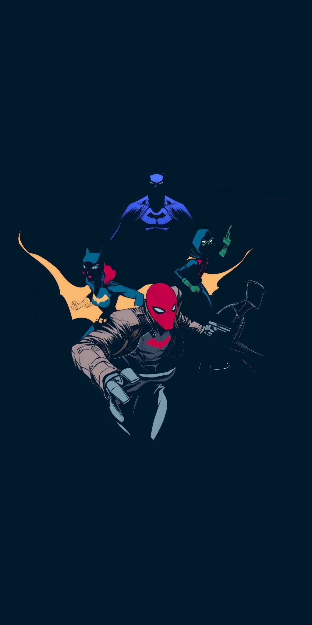 La famille Batman se tient en forme de pyramide, avec Batman au sommet, Batgirl et Robin au milieu, et Red Hood devant
