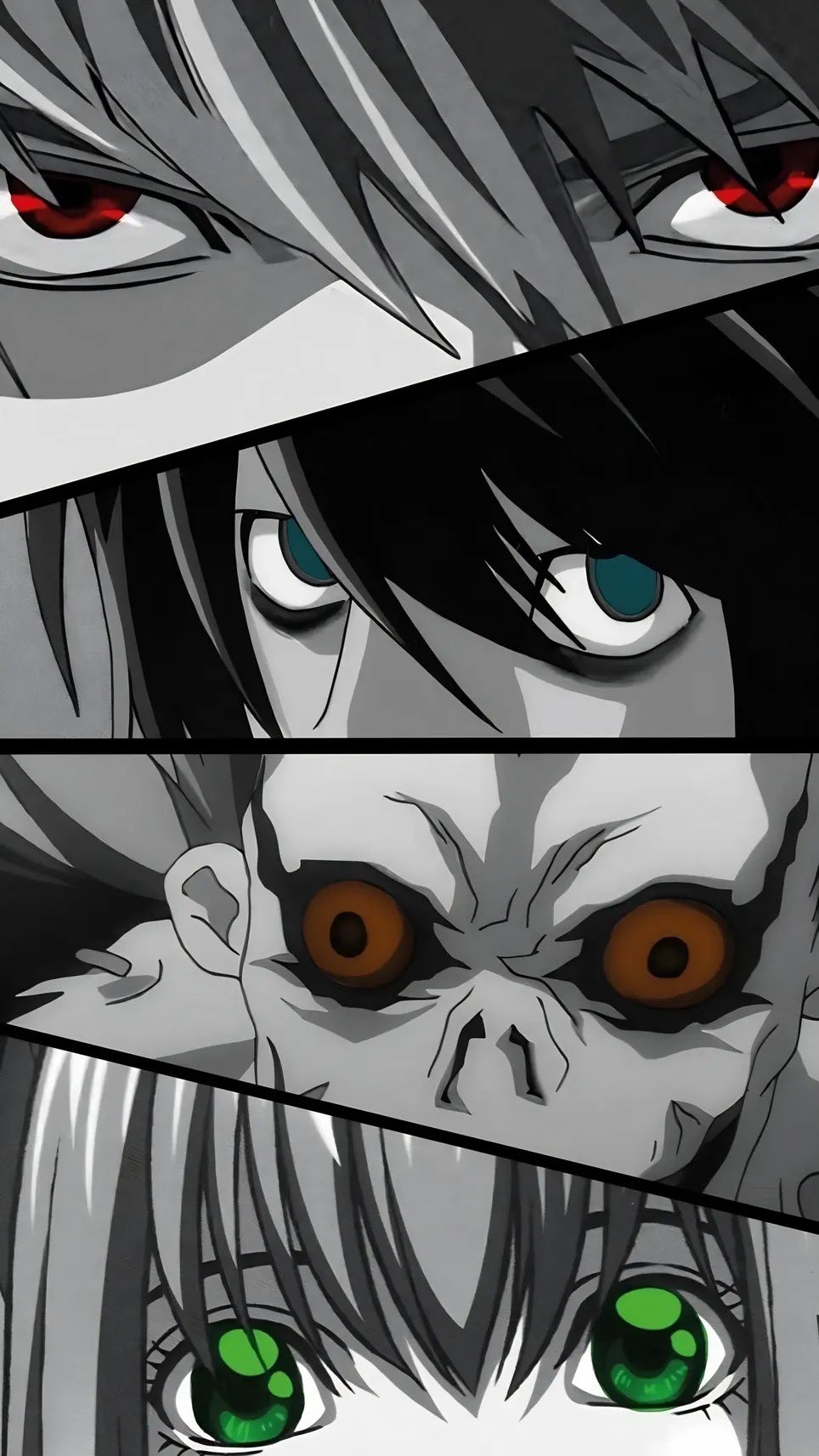 The black, white, and gray image features the eyes of four characters and Gothic aesthetics
