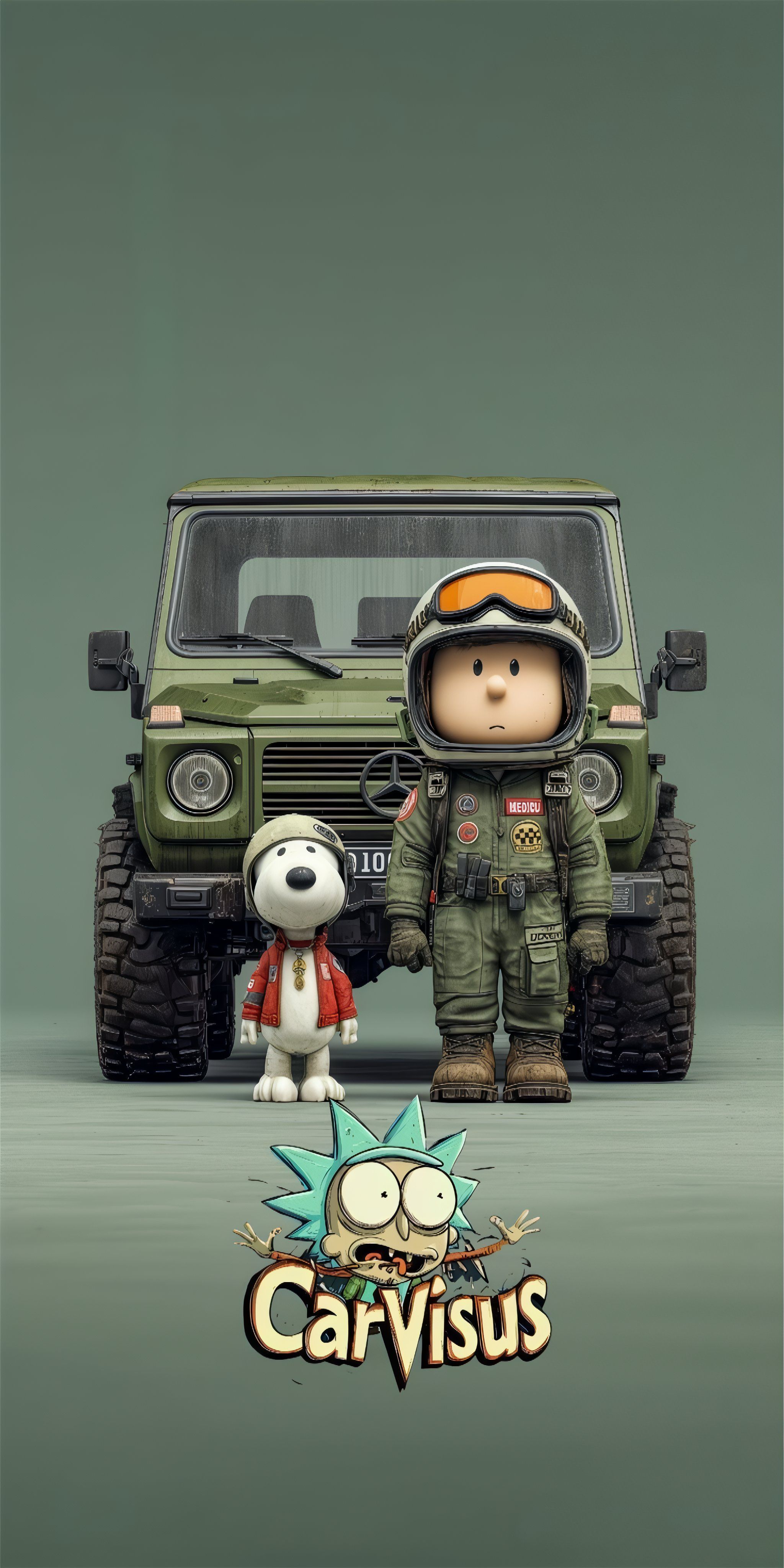 Charlie Brown in a green flight suit stands next to Snoopy in a red jacket by a military green Mercedes G-Wagon while Rick Sanchez bursts through a logo