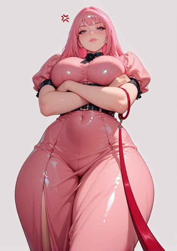 Ein pinkhaariges Mädchen in einem glänzenden pinken Lederkleid