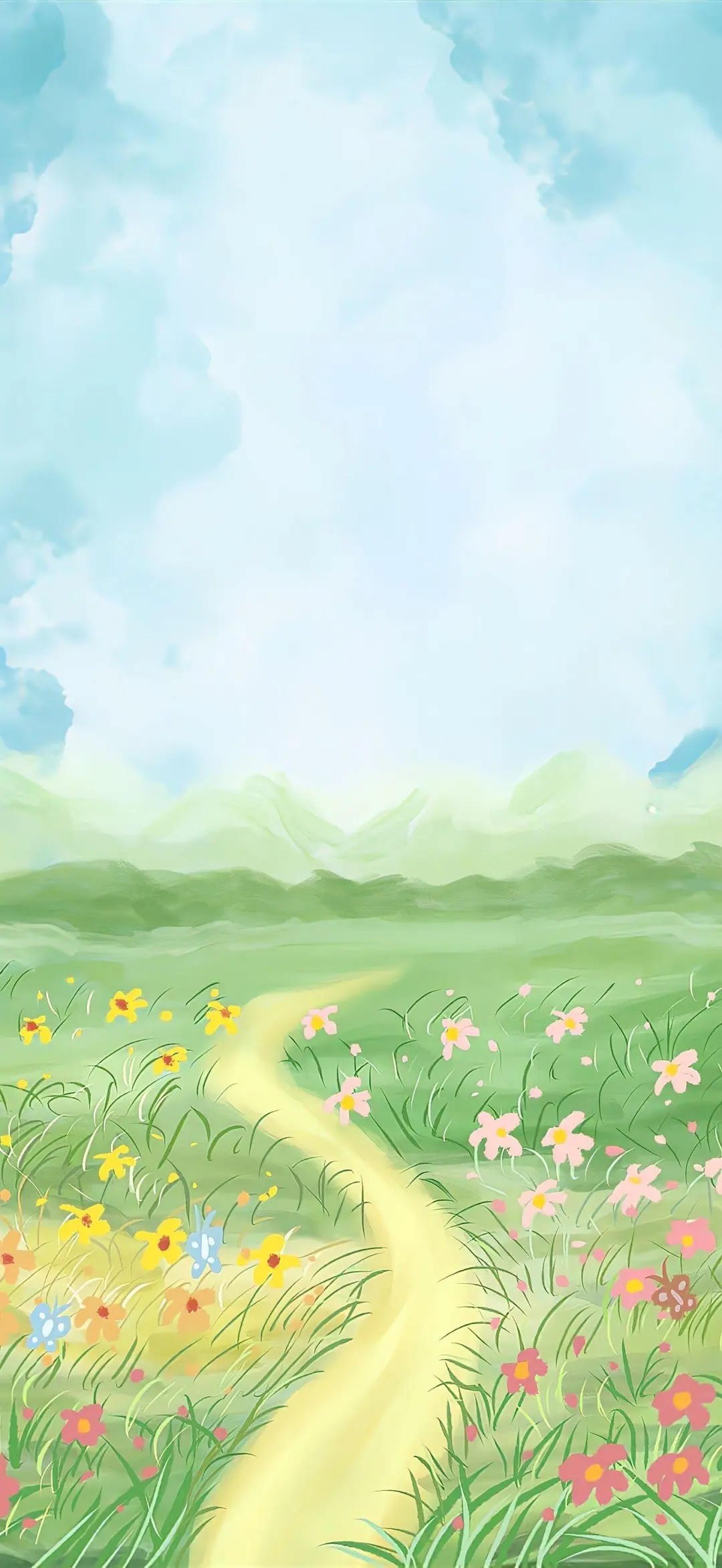 A nature wallpaper featuring a winding path through a wildflower meadow