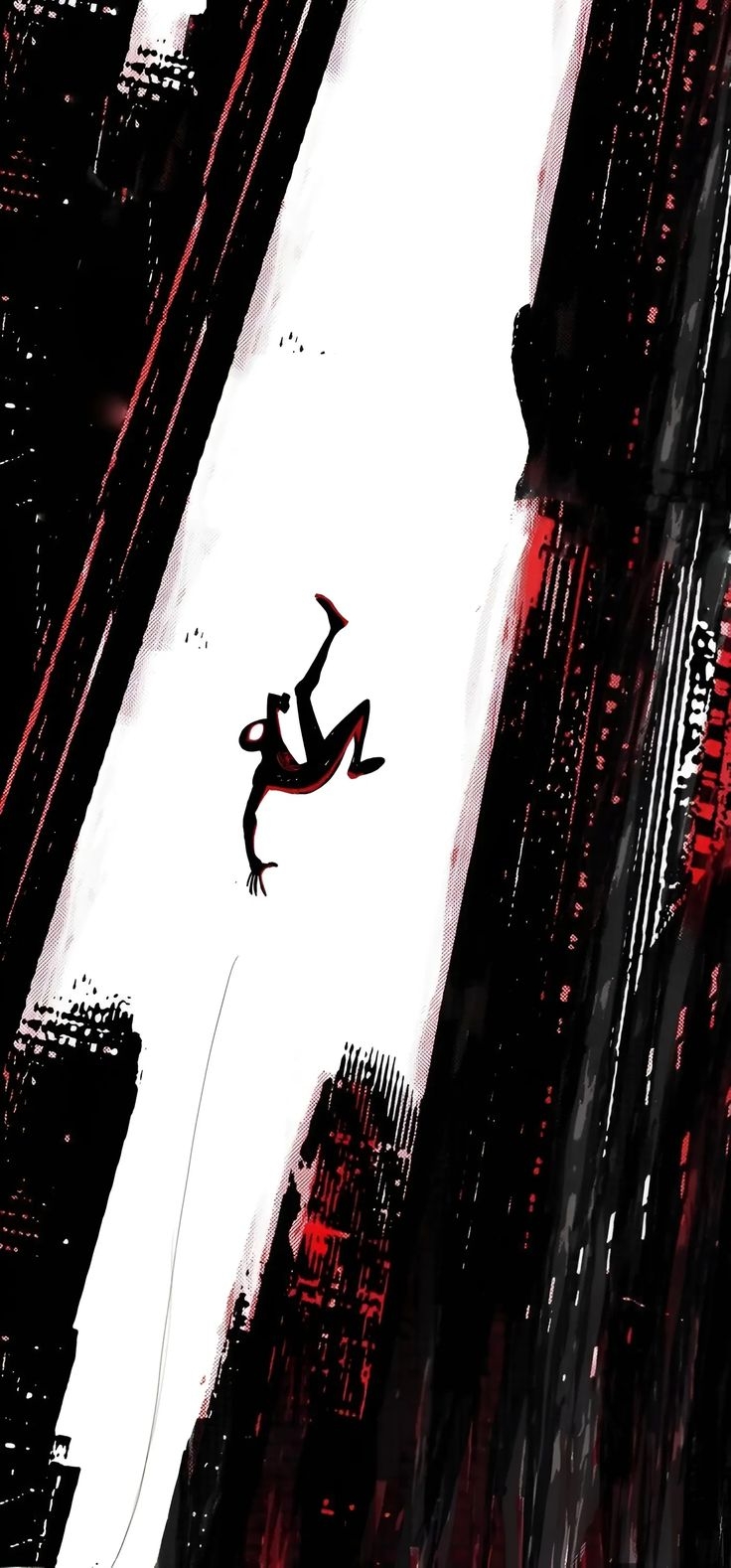 Spider-Man cae en una postura de ingravidez en el abismo vertical de la ciudad