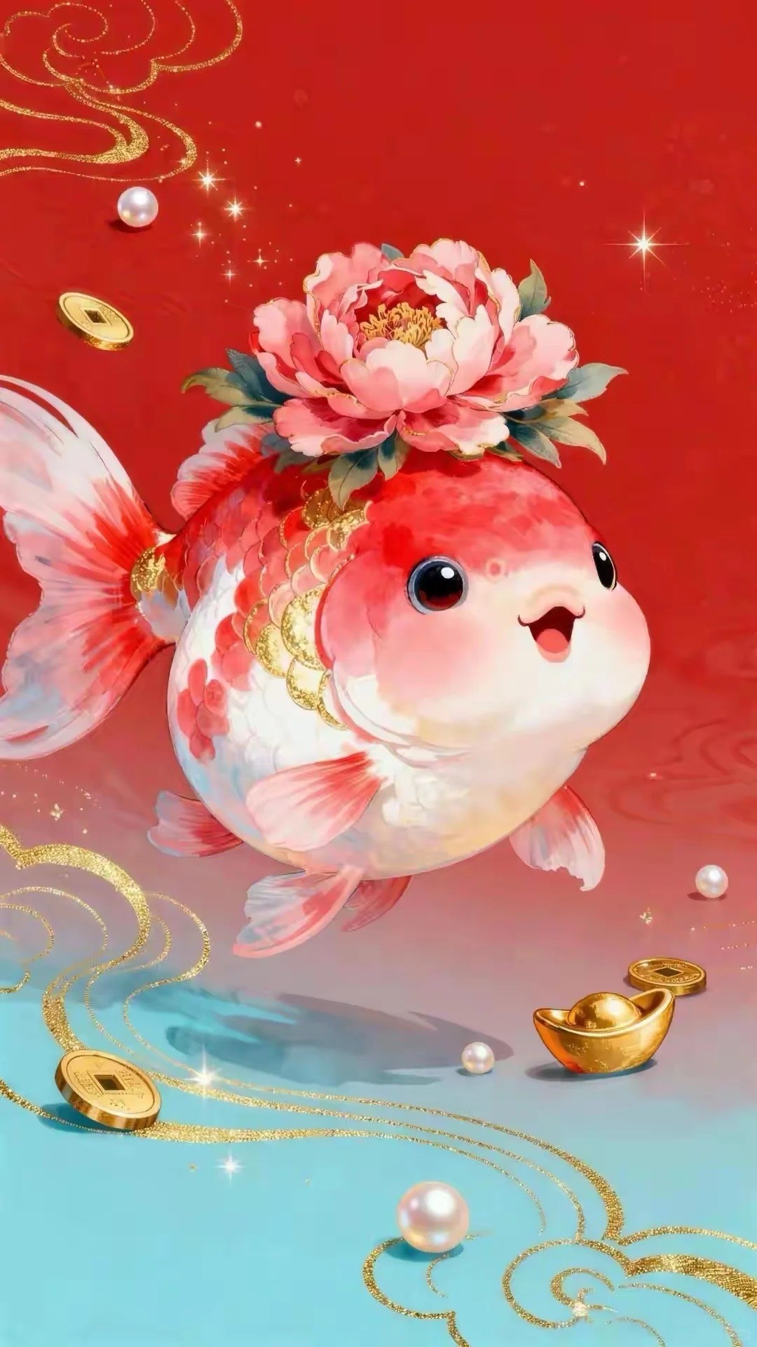 El pez dorado tiene una corona de peonía en la cabeza y manchas rosas en el cuerpo, mostrando una pose elegante contra un fondo degradado, representando una ilustración de tendencia nacional lujosa y auspiciosa