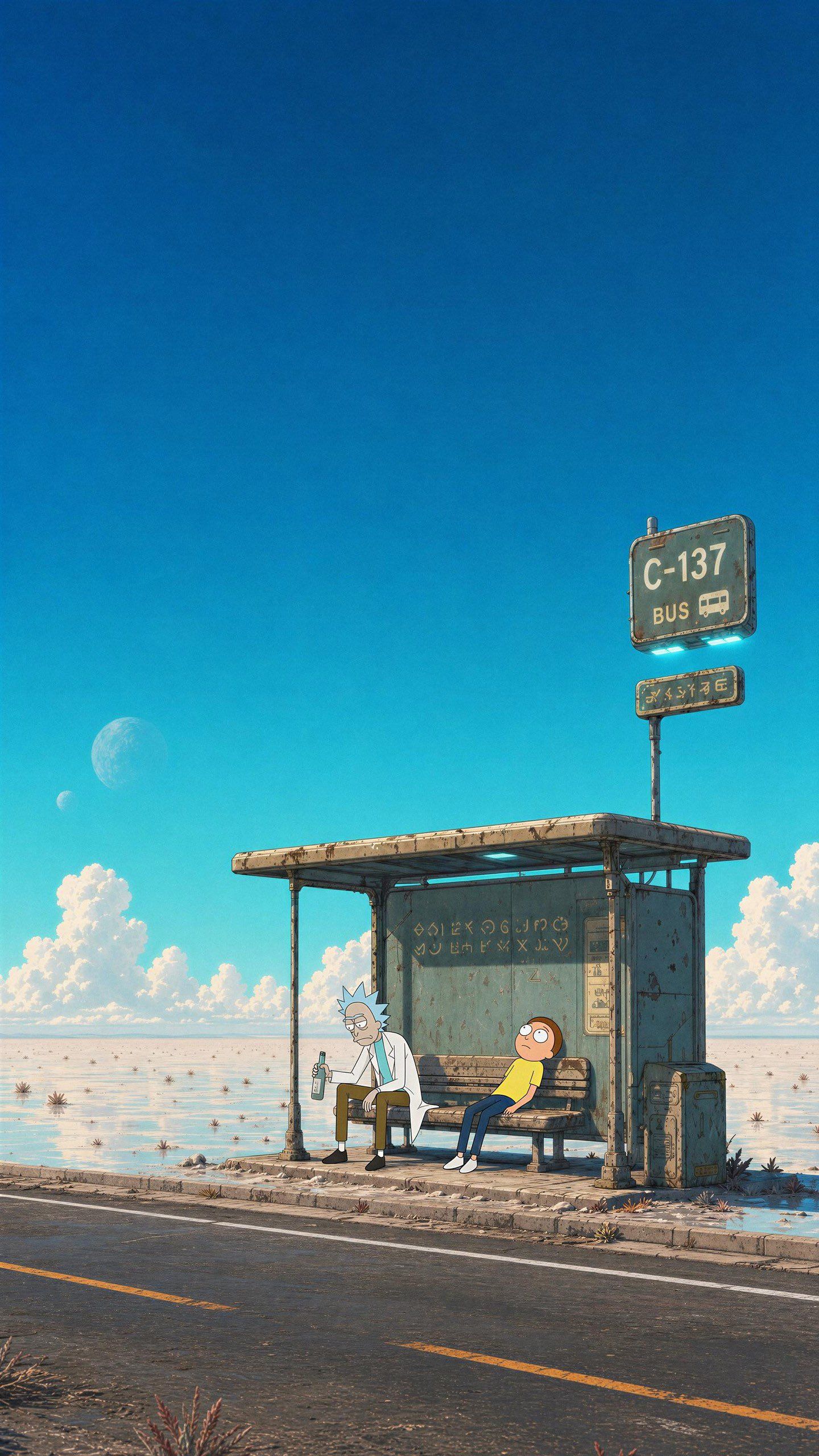 Rick and Morty sit on a desolate platform bench