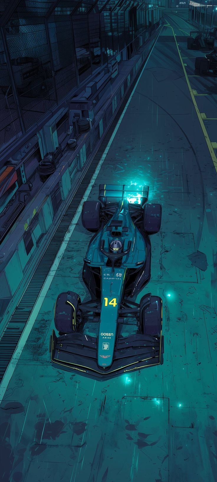 Cyberpunk-style blue F1 racing car in the rainy night pit