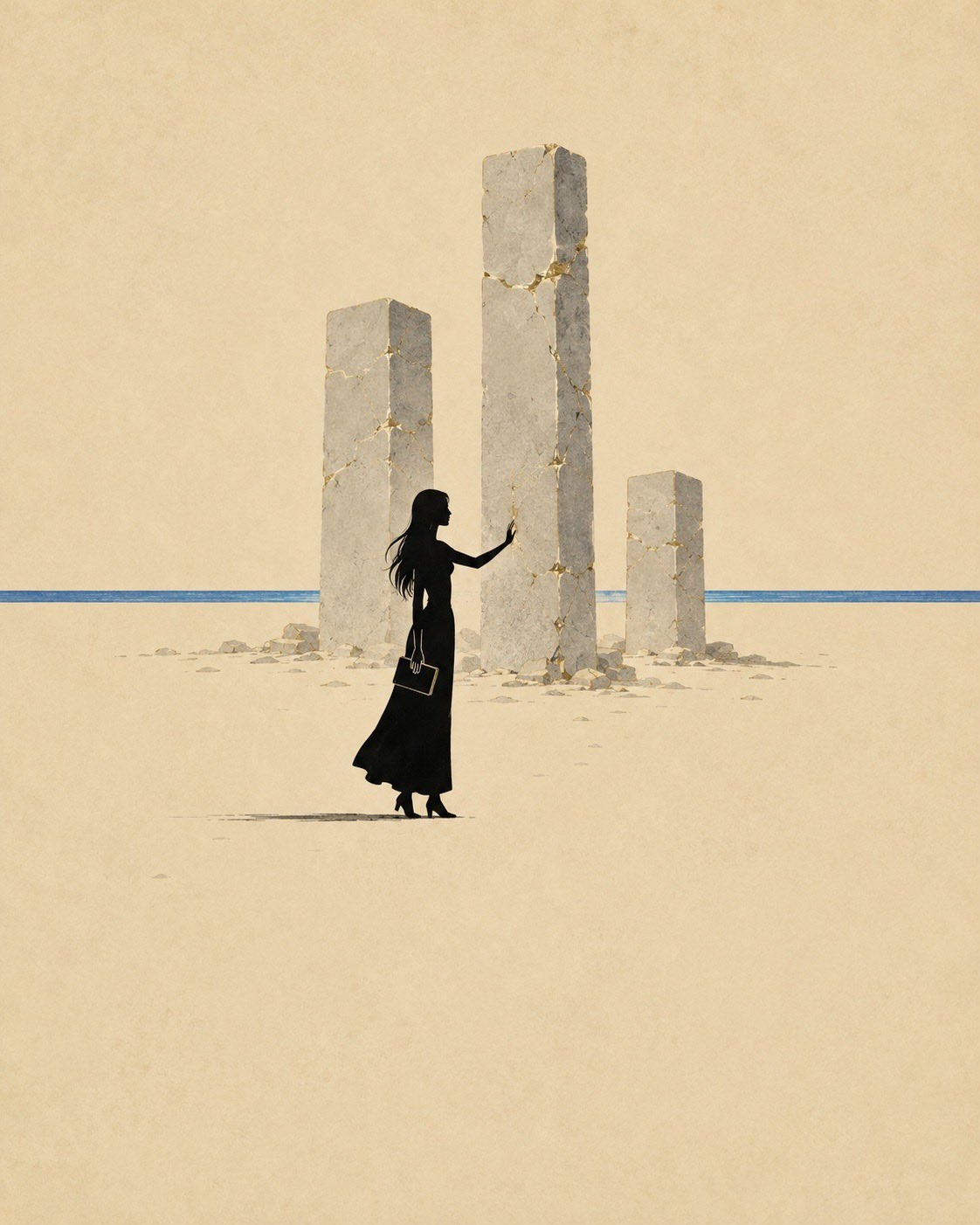 Silhouette art wallpaper showcases the mysterious exploration atmosphere of female stone pillars in ancient civilization
