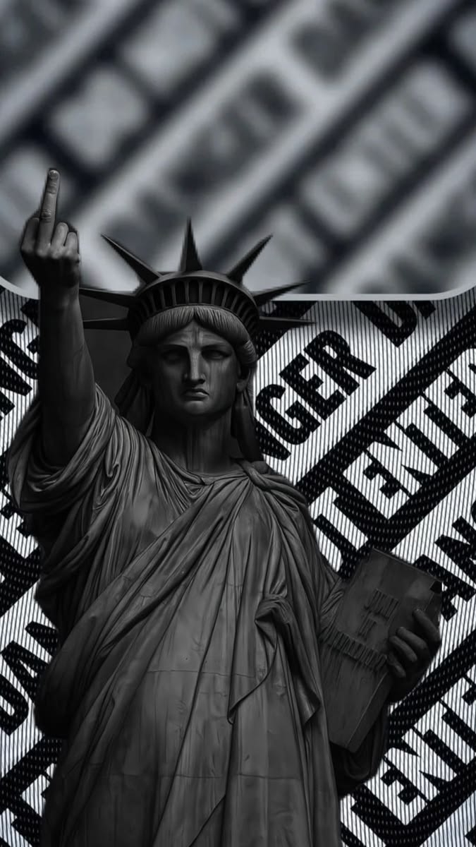 The black and white Statue of Liberty showcases a strong pop art style