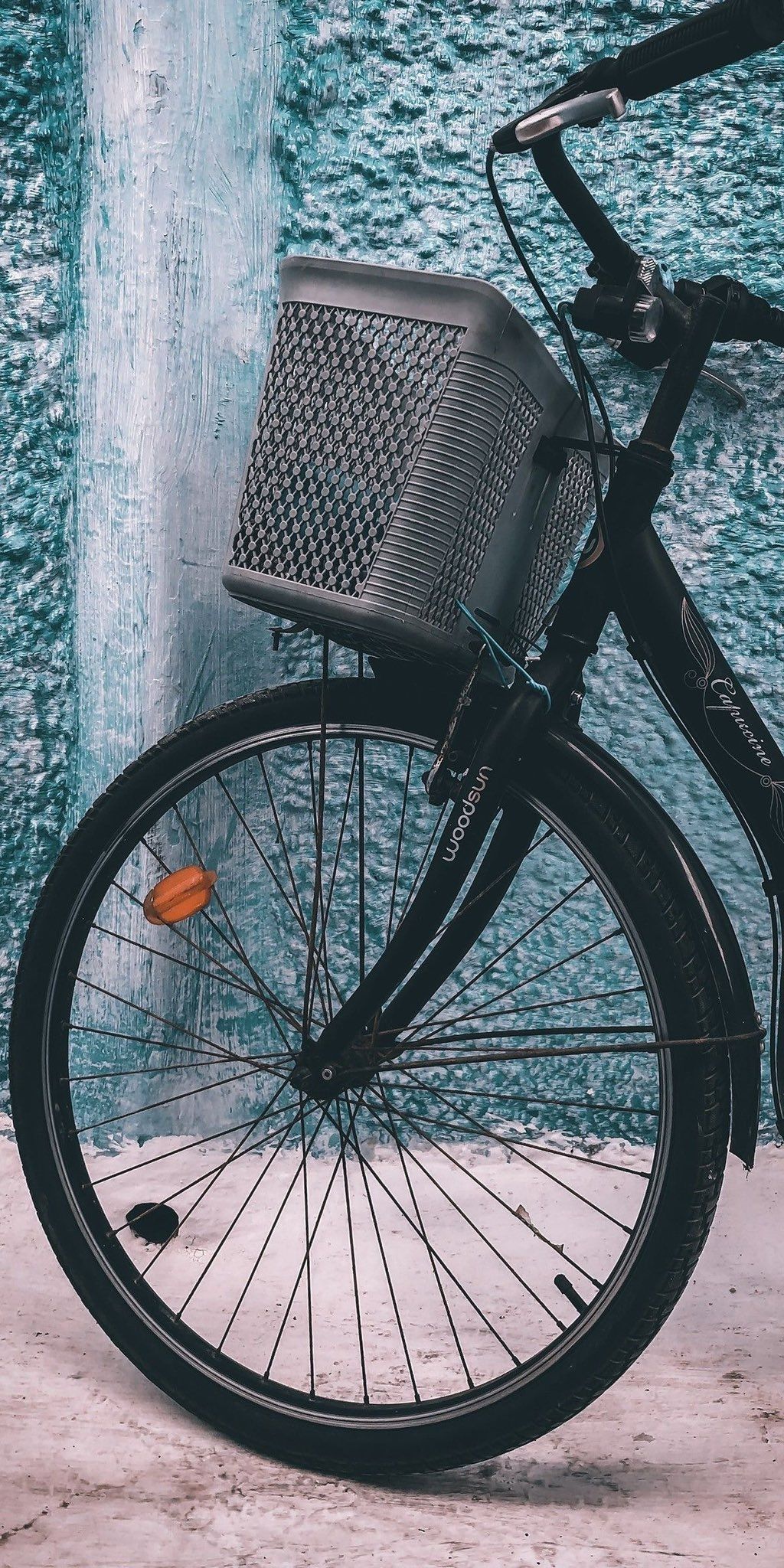 A vintage street photo of a bicycle front wheel and basket against a textured blue-green wall
