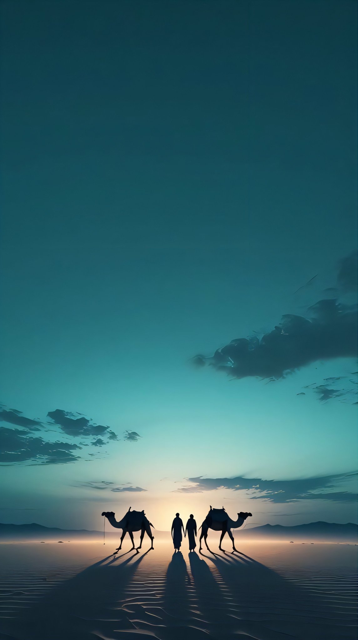 Silueta de dos personas y dos camellos al atardecer en el desierto como fondo de pantalla
