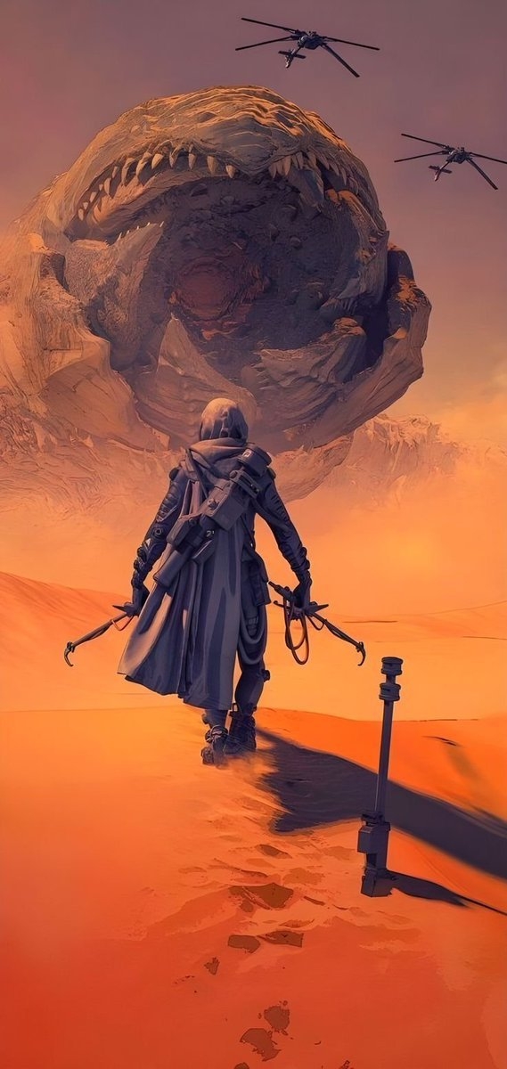 This digital painting showcases contemporary sci-fi concept art featuring a robed figure confronting a colossal sandworm